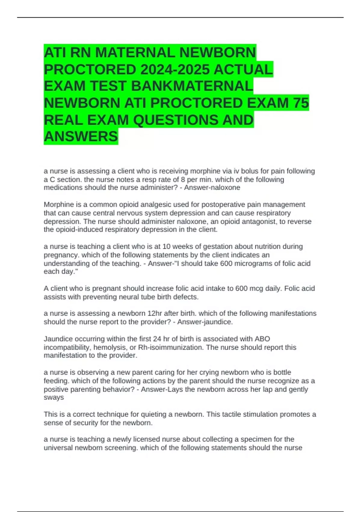 ATI RN MATERNAL NEWBORN PROCTORED ACTUAL EXAM TEST BANKMATERNAL NEWBORN