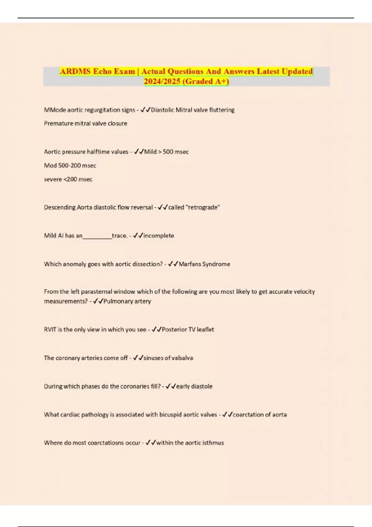 ARDMS echo exam | Actual Questions And Answers Latest Updated 2024/2025 ...