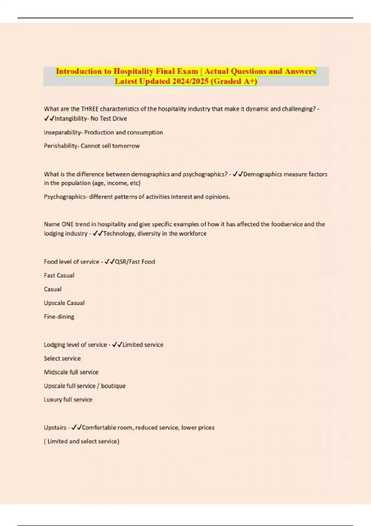 Introduction to Hospitality Exam Questions and Answers Latest Updated ...