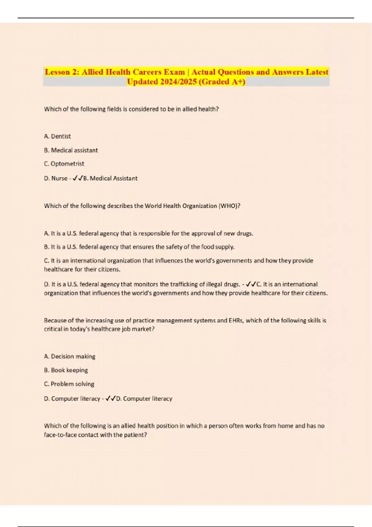 ALLIED HEALTH EXAM | Actual Questions and Answers Latest Updated 2024/ ...