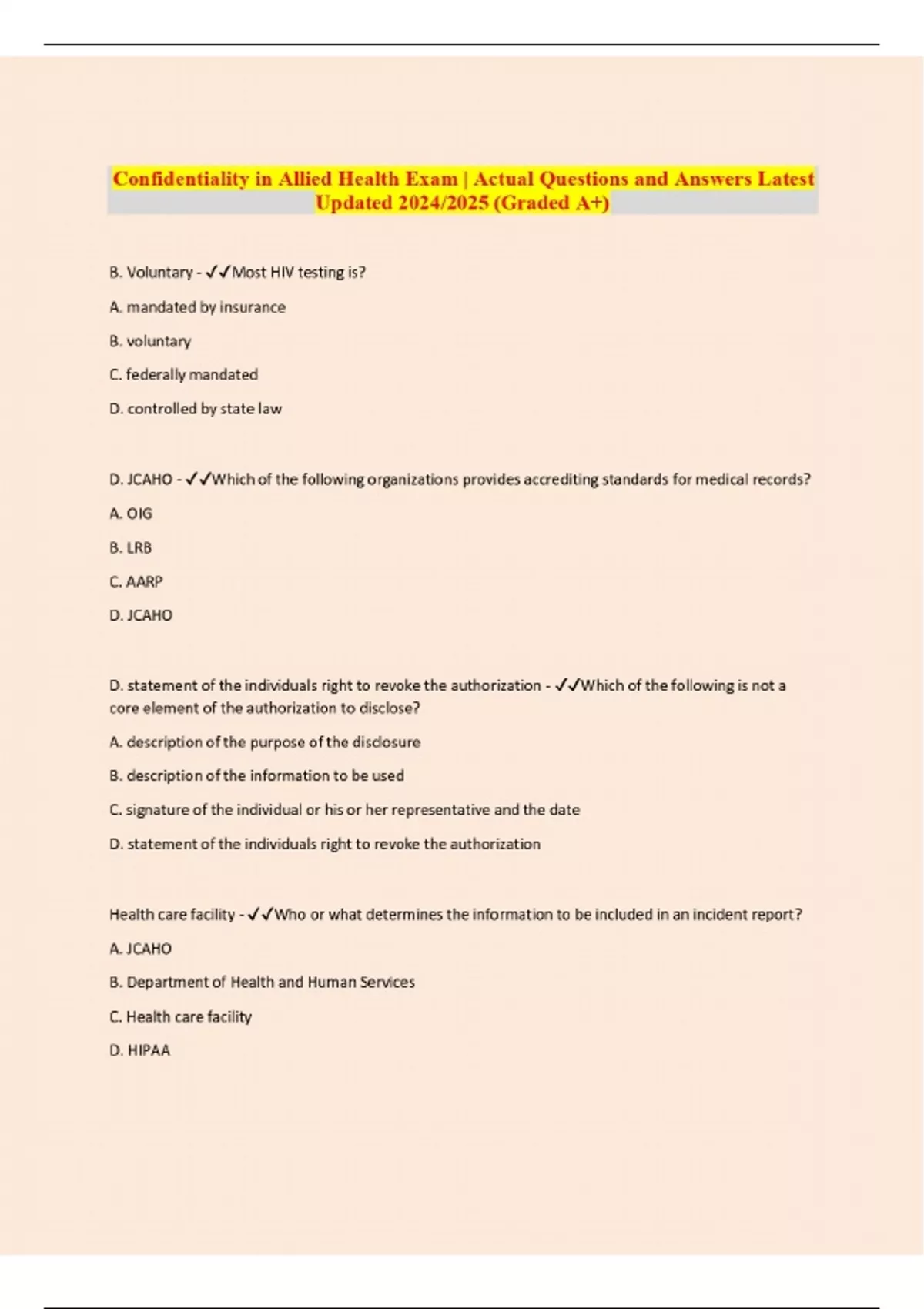 ALLIED HEALTH EXAM | Actual Questions and Answers Latest Updated 2024/ ...