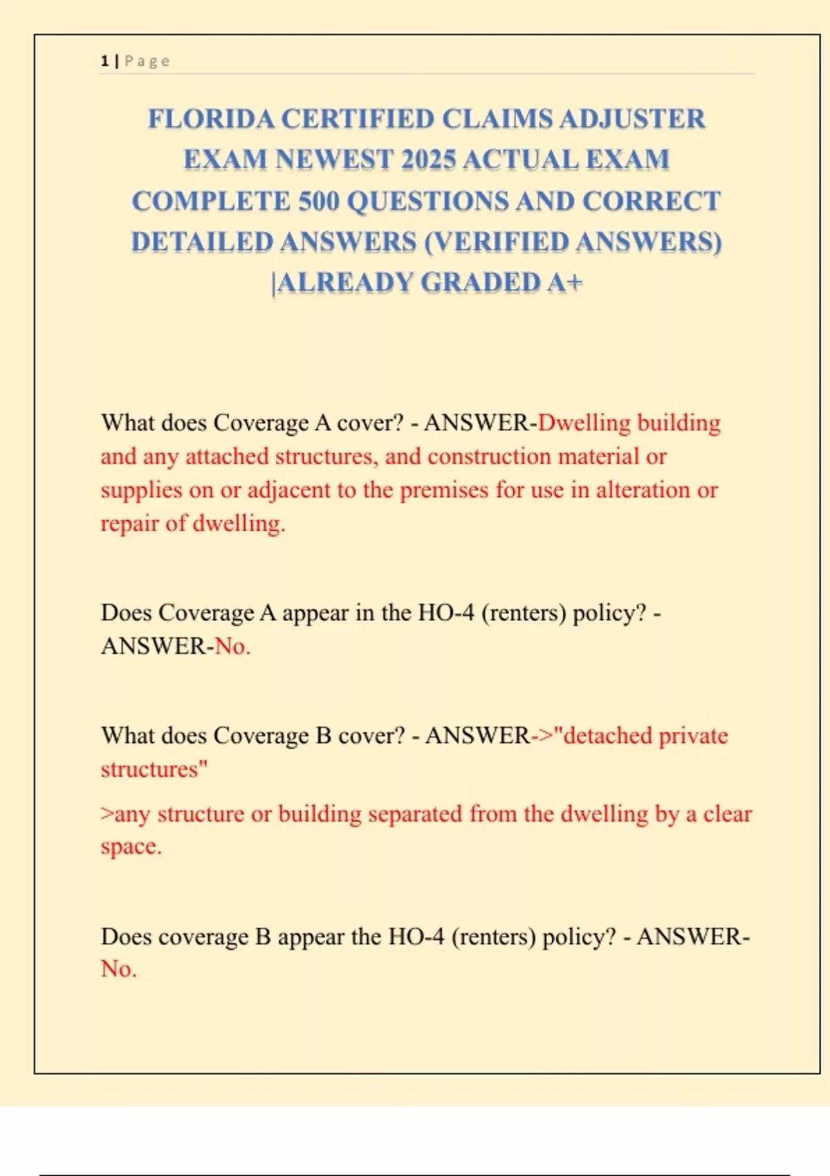 Florida Certified Claims Adjuster Exam Newest 2025 Actual Exam Complete