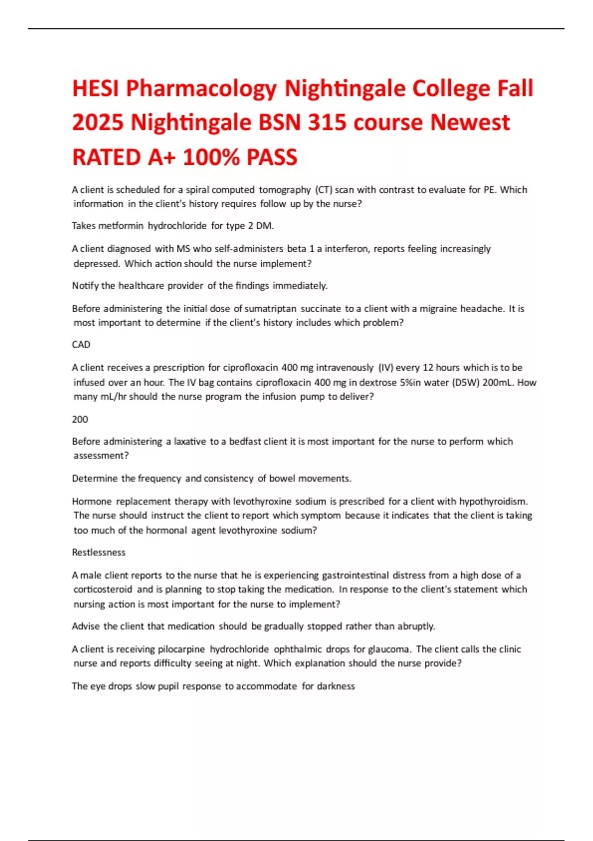 HESI Pharmacology Nightingale College Fall 2025 Nightingale BSN 315