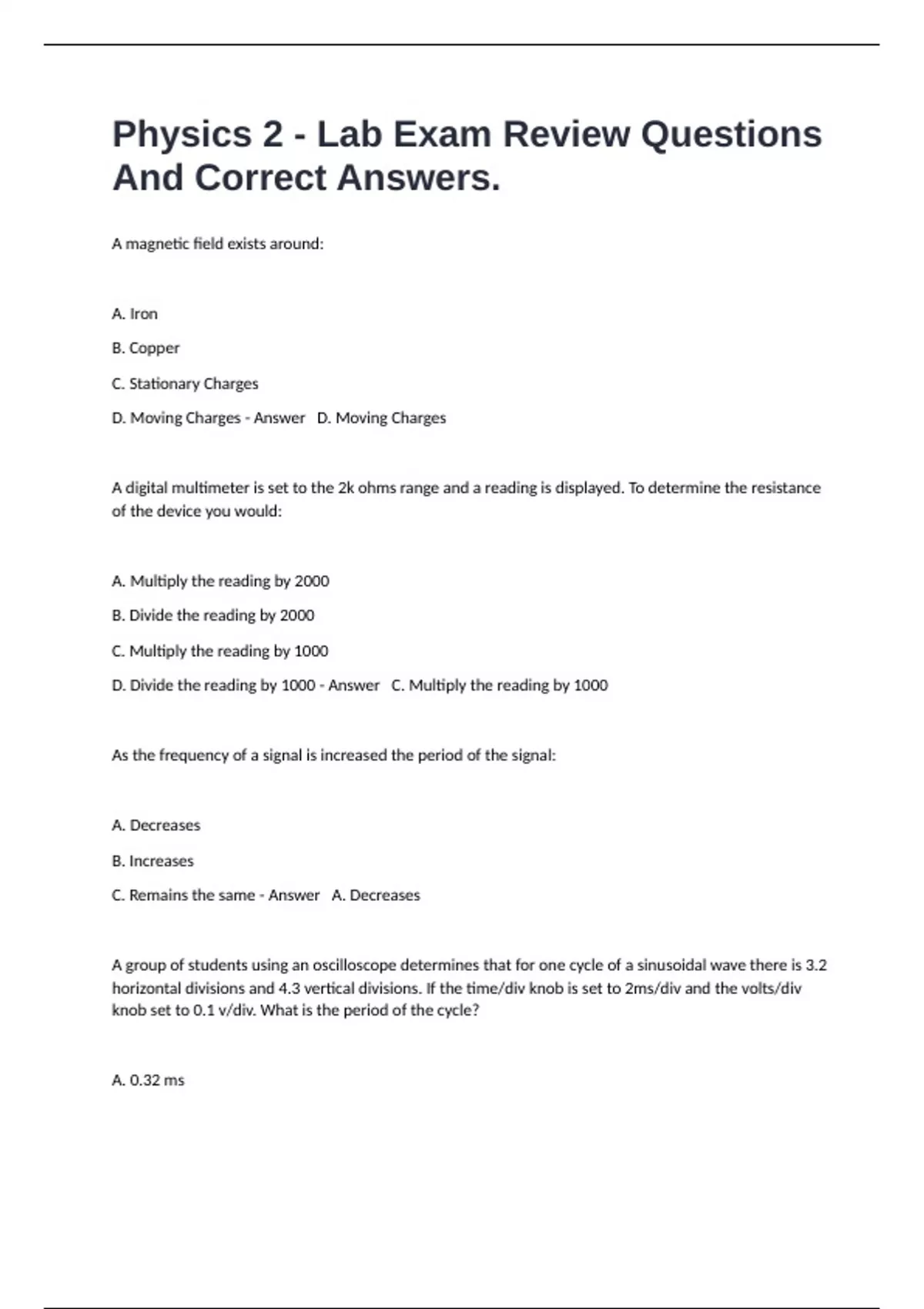 Physics 2 - Lab Exam Review Questions And Correct Answers. - PHYS 1442 ...