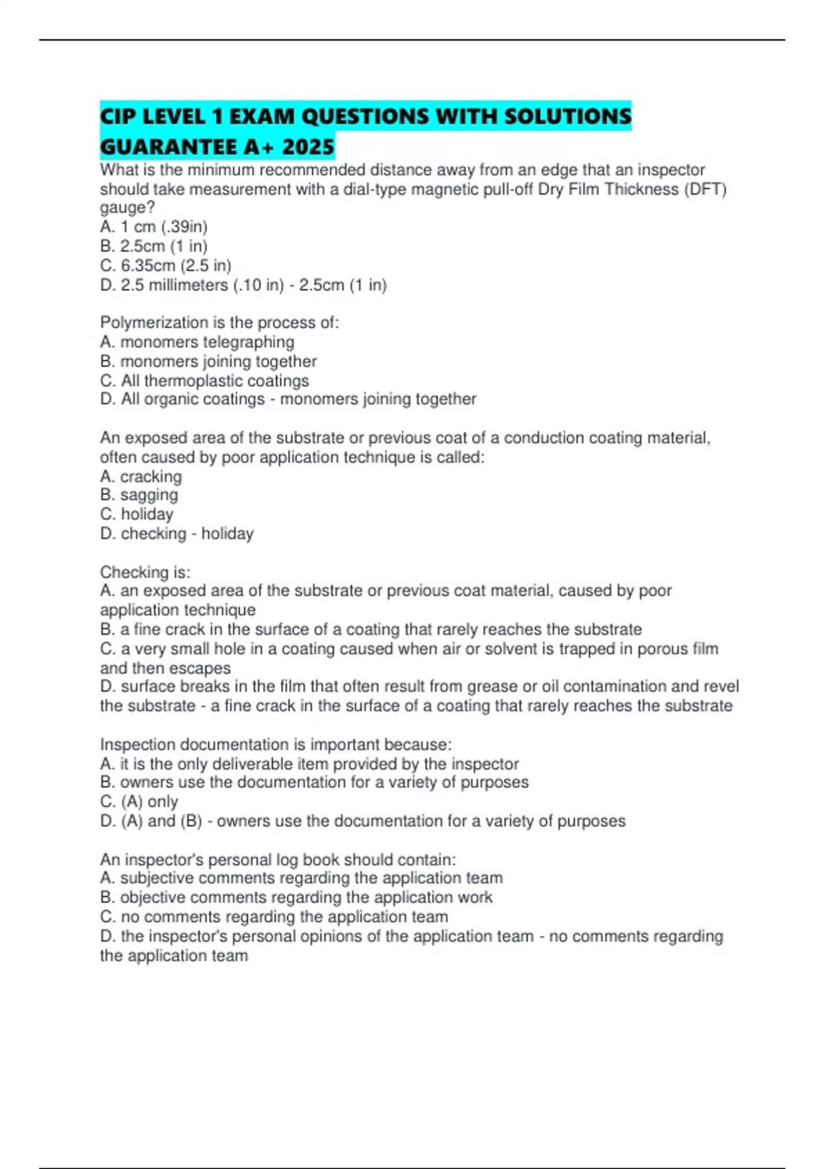 CIP LEVEL 1 EXAM QUESTIONS WITH SOLUTIONS GUARANTEE A+ 2025 - Cip level ...