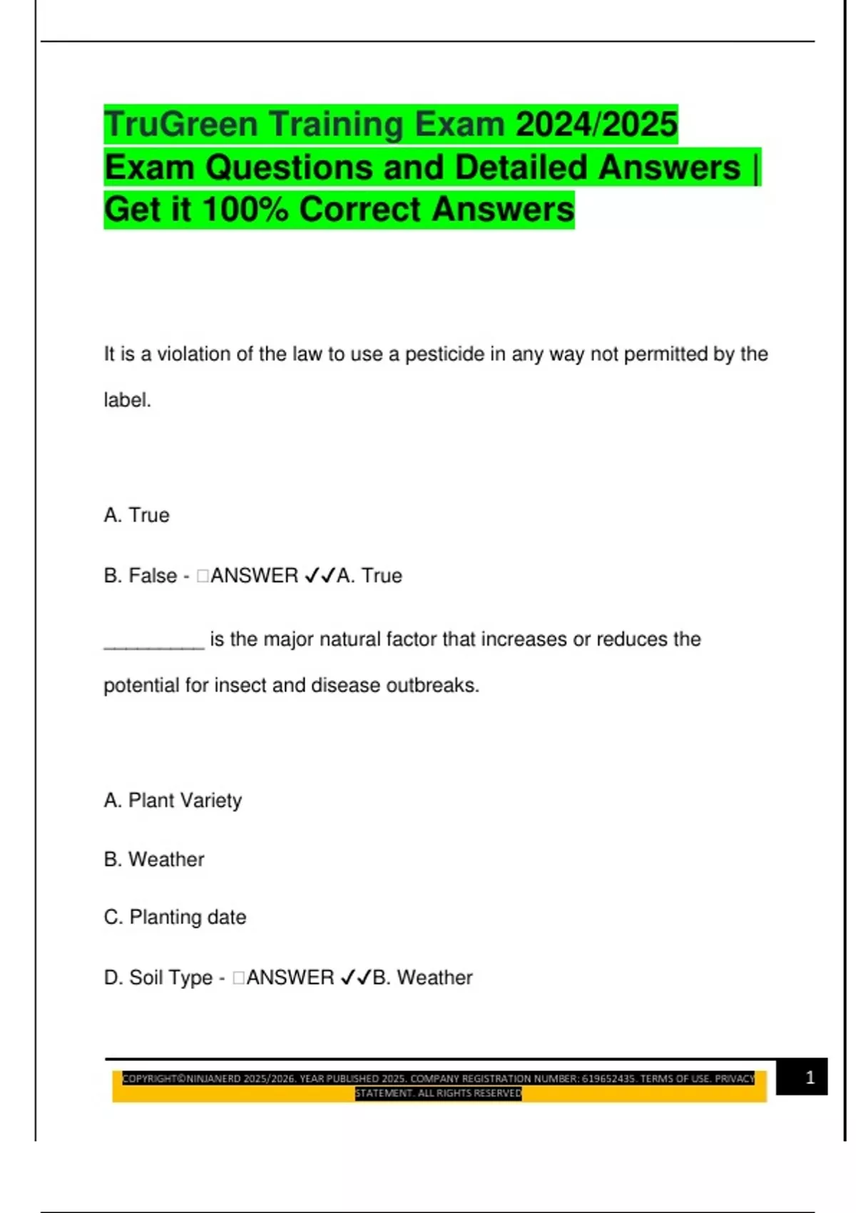TruGreen Training Exam 2024/2025 Exam Questions and Detailed Answers ...