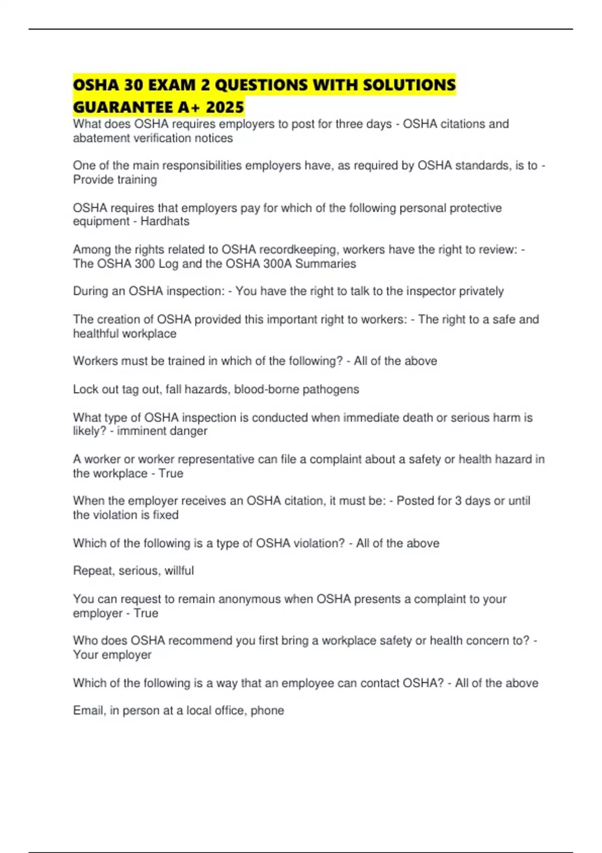 Osha 30 Exam 2 Questions With Solutions Guarantee A 2025 Osha 30 