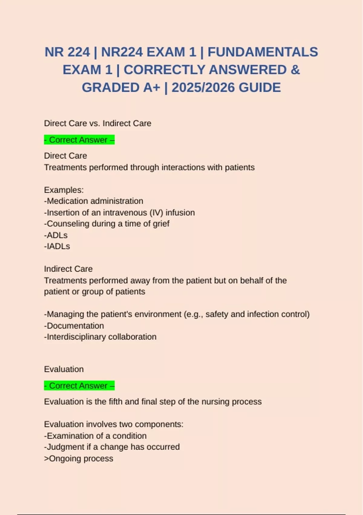 NR 224 | NR224 EXAM 1 | FUNDAMENTALS EXAM 1 | CORRECTLY ANSWERED ...