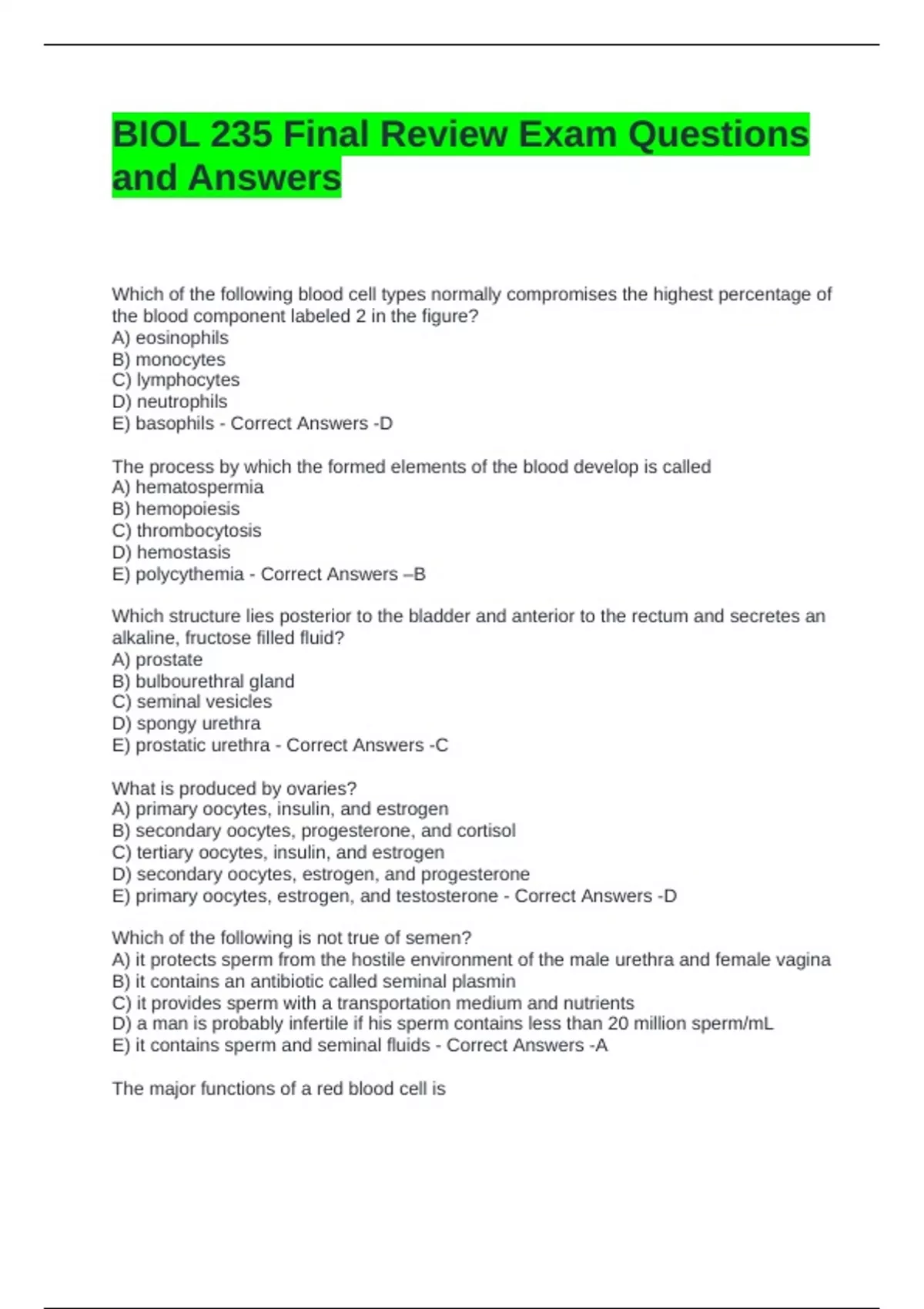 BIOL 235 Final Review Exam Questions and Answers - BIOL 235 - Stuvia US
