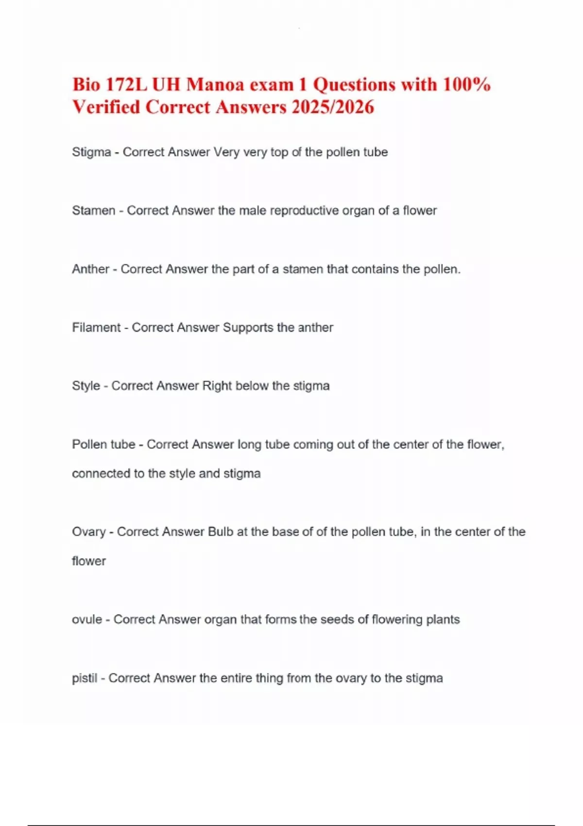 Bio 172L UH Manoa exam 1 Questions with 100% Verified Correct Answers ...