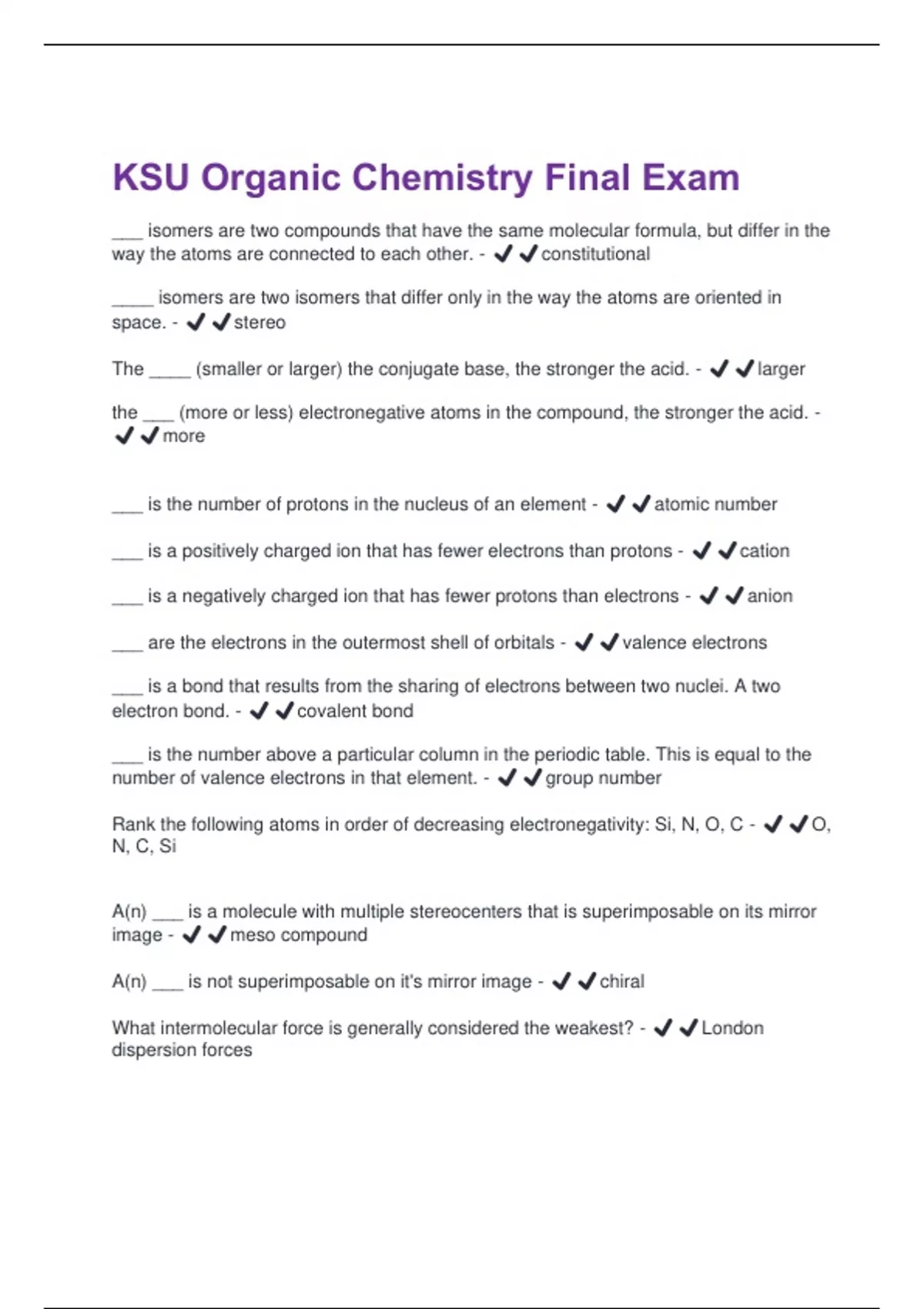 KSU Organic Chemistry Final Exam Questions And Answers With Complete ...