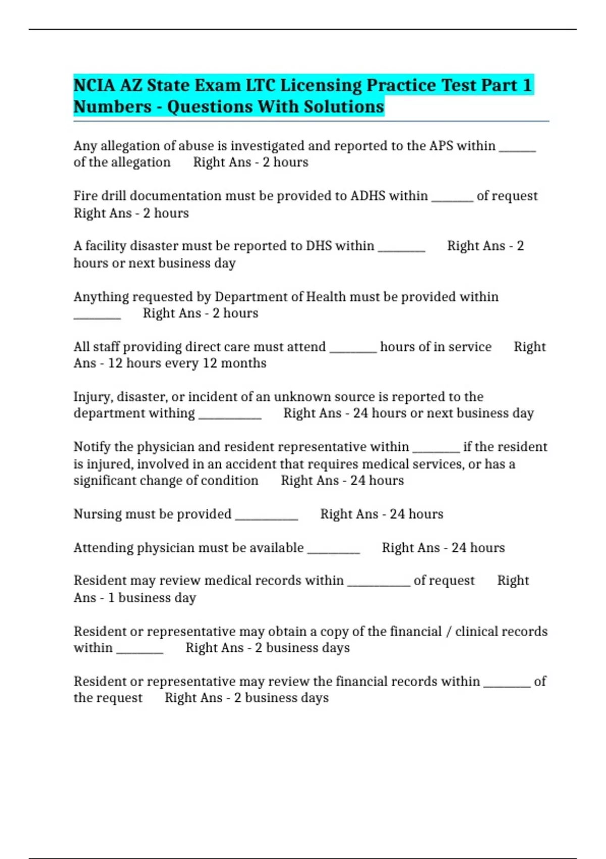 NCIA AZ State Exam LTC Licensing Practice Test Part 1 Numbers ...