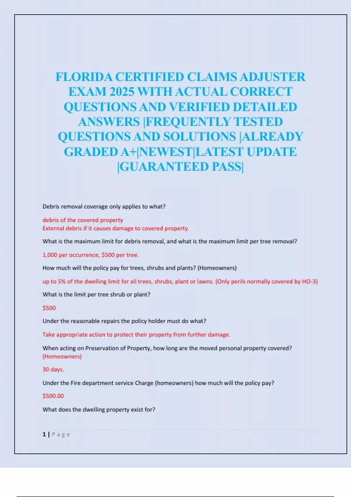 Florida Certified Claims Adjuster Exam 2025 With Actual Correct
