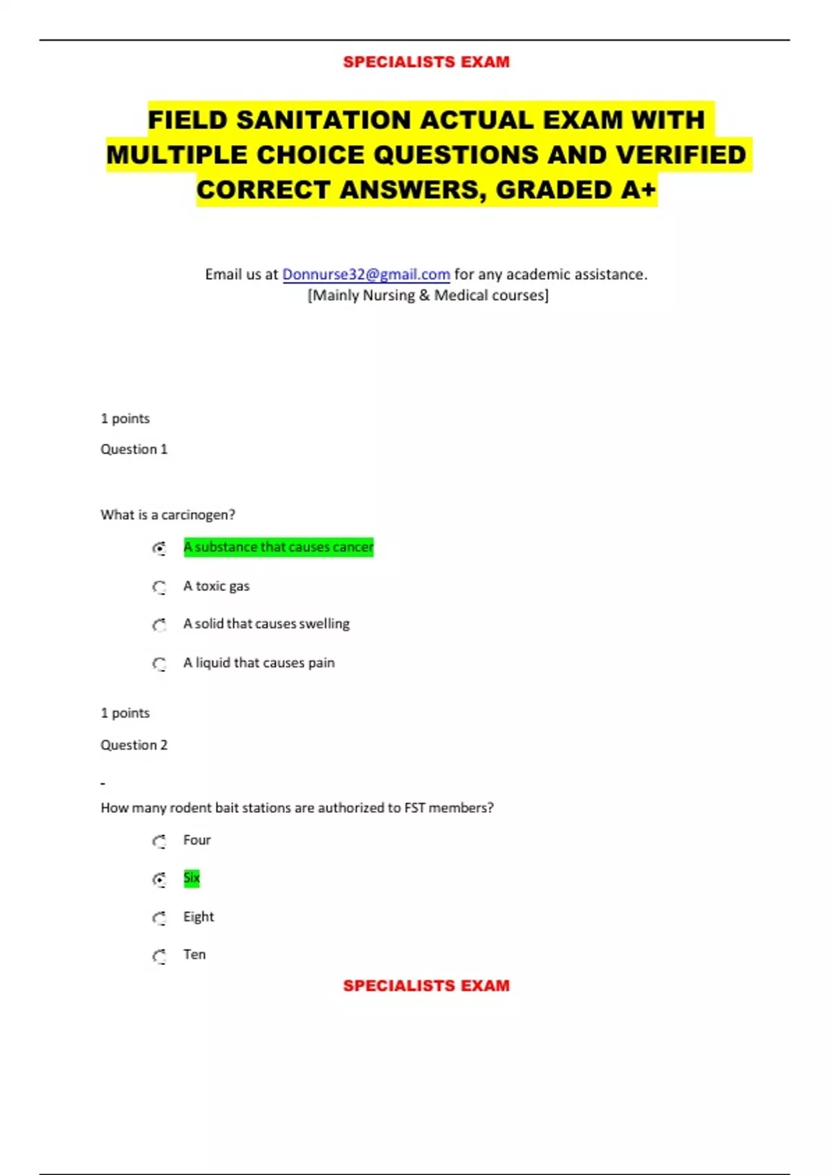 FIELD SANITATION ACTUAL EXAM WITH MULTIPLE CHOICE QUESTIONS AND ...