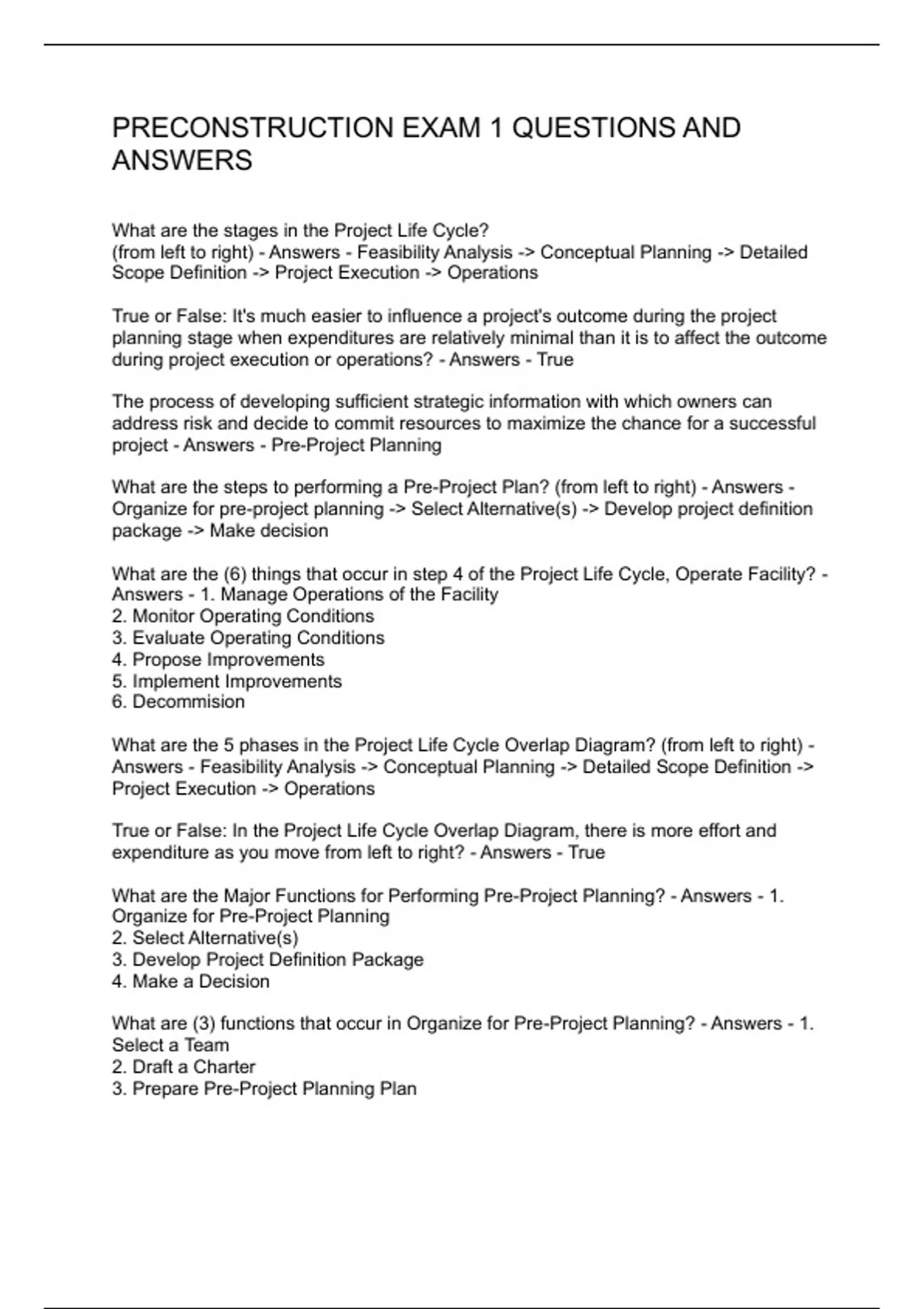PRECONSTRUCTION EXAM 1 QUESTIONS AND ANSWERS - PRECONSTRUCTION - Stuvia US