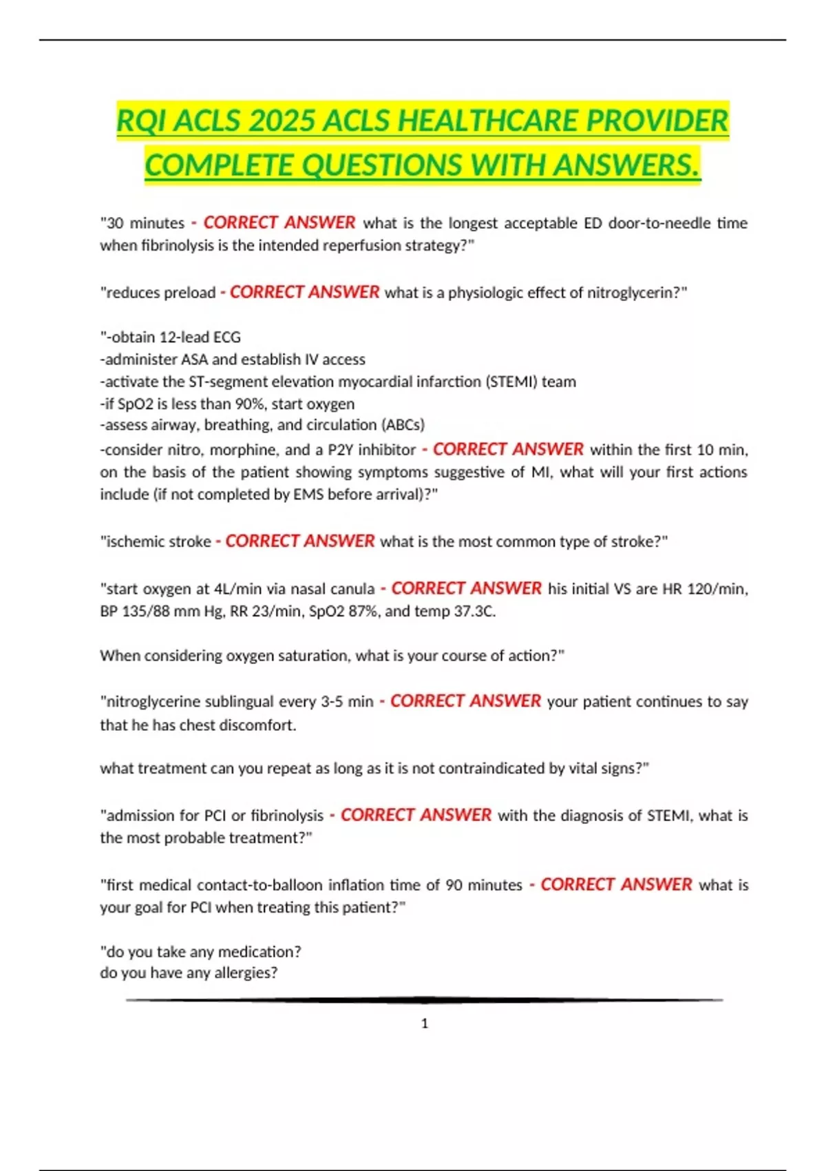 RQI ACLS 2025 ACLS HEALTHCARE PROVIDER COMPLETE QUESTIONS WITH ANSWERS ...