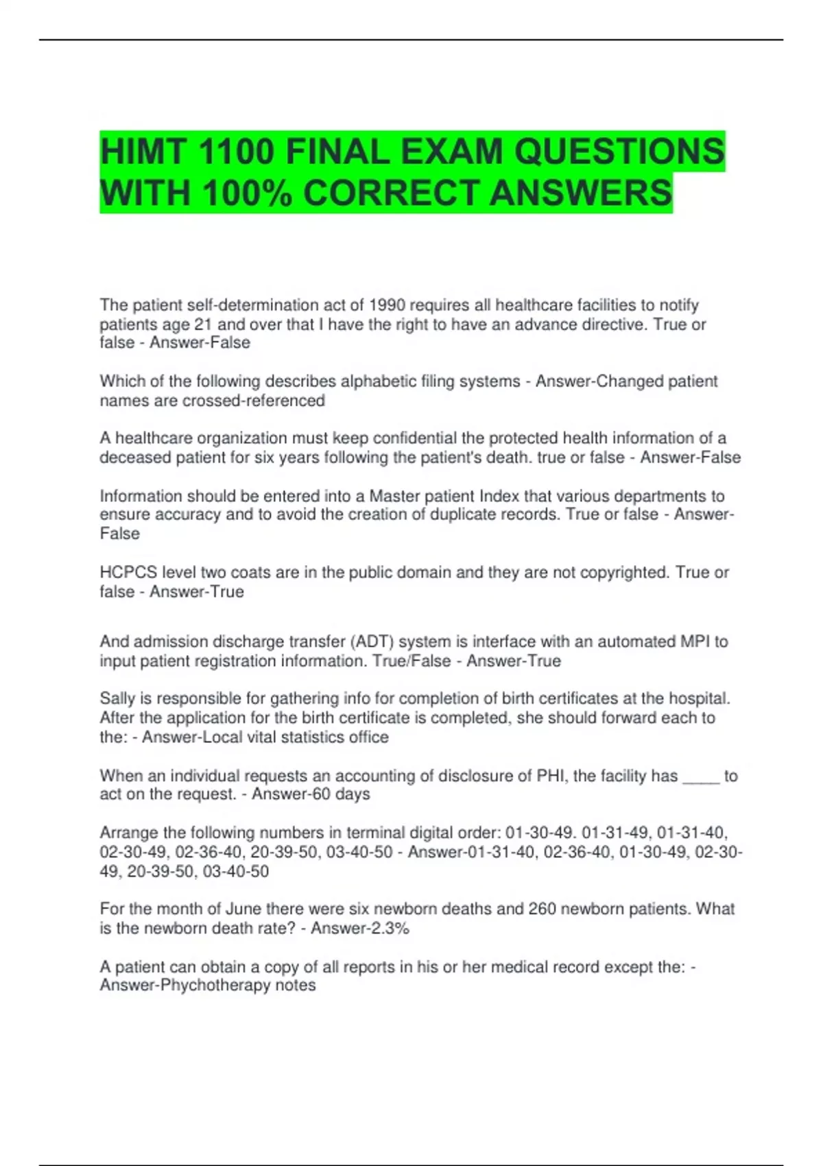 Hitmt HIMT 1100 FINAL EXAM QUESTIONS WITH 100% CORRECT ANSWERS - HIMT 1100 ...