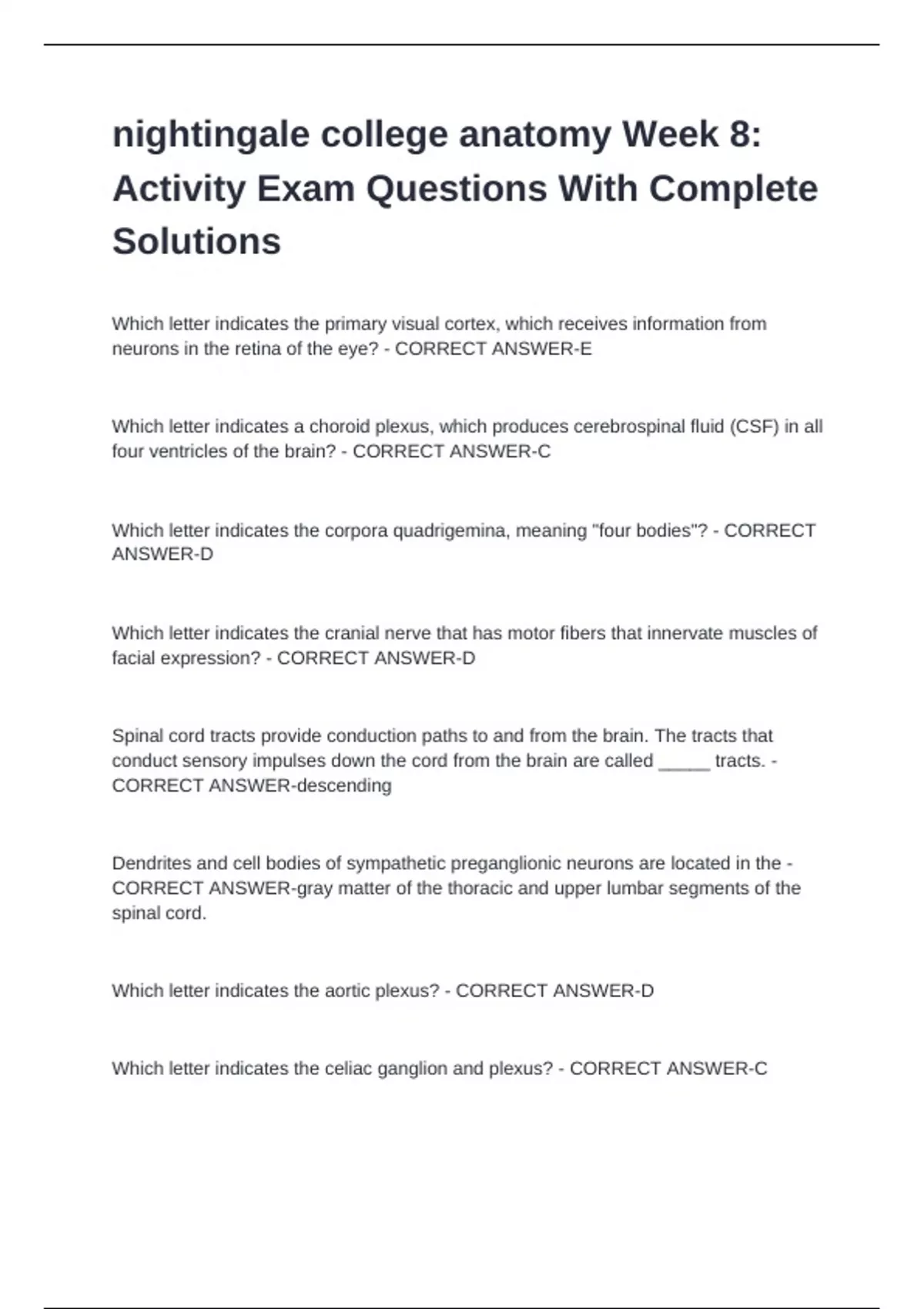 nightingale college anatomy Week 8 Activity Exam Questions With