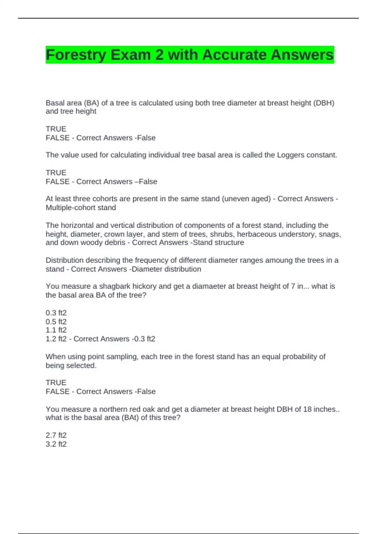 Forestry Exam 2 with Accurate Answers - Forest Mensuration - Stuvia US