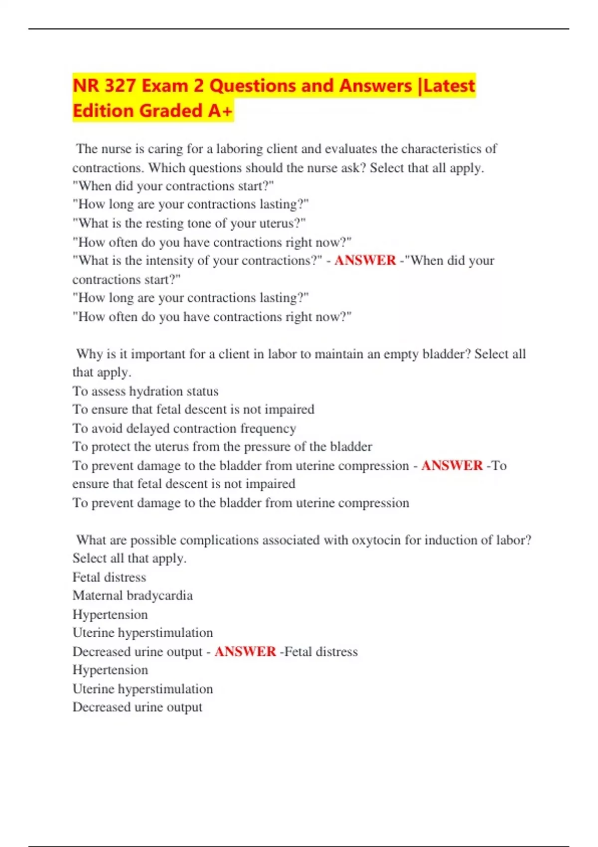 NR 327 Exam 2 Questions and Answers |Latest Edition Graded A+ - NR 327 ...