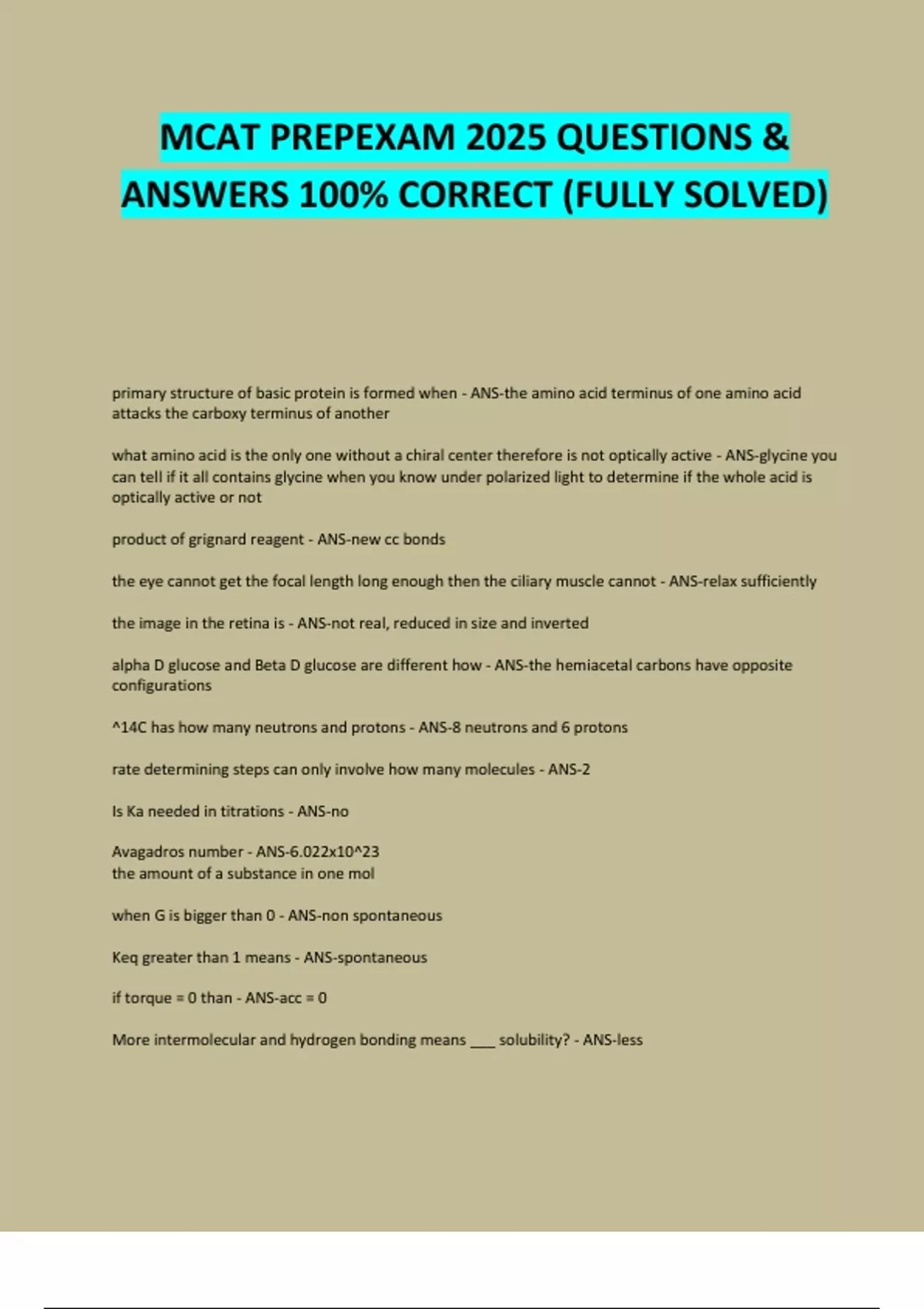 Mcat Math Questions MCAT PREPEXAM 2025 QUESTIONS & ANSWERS 100% CORRECT (FULLY SOLVED ...
