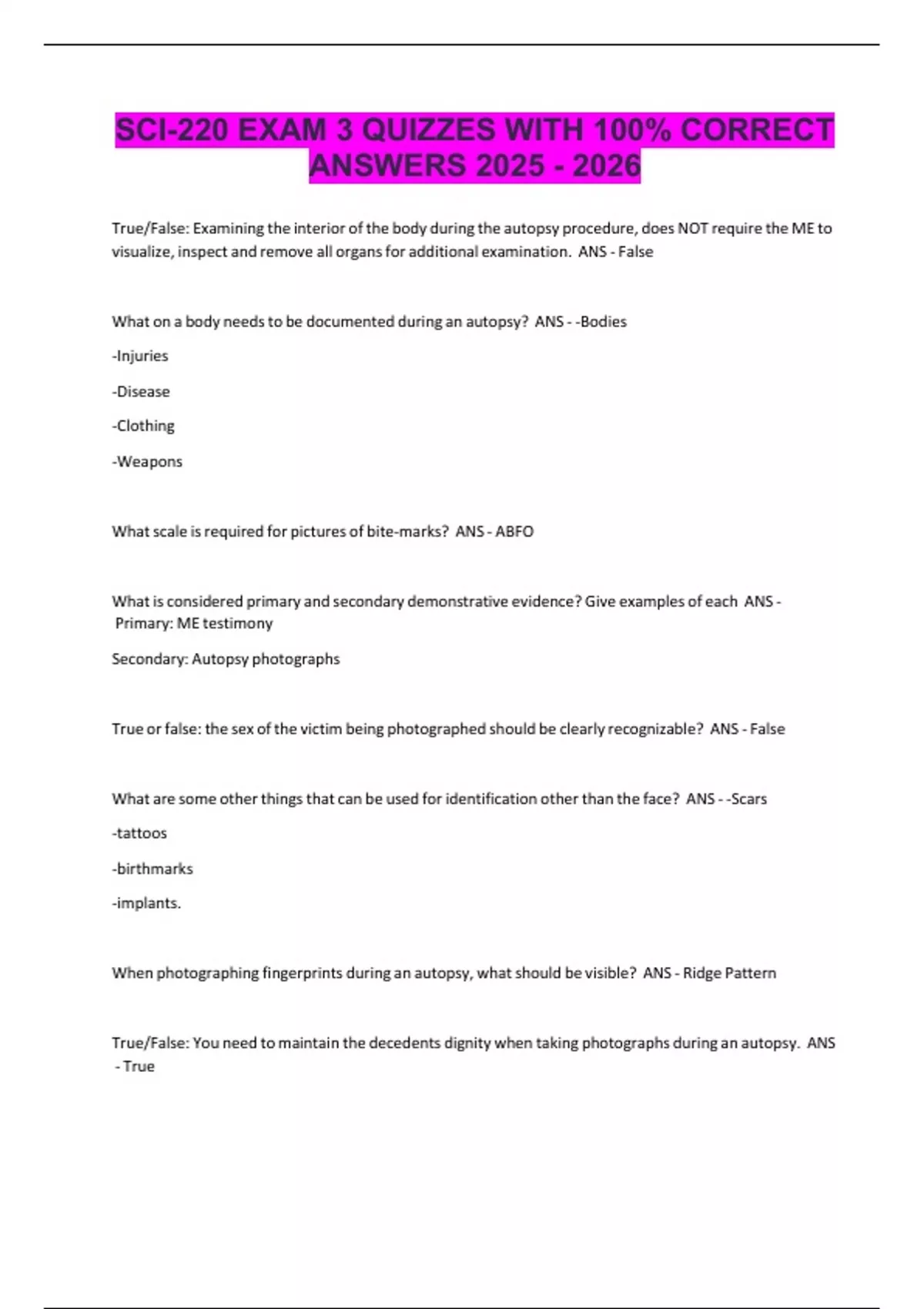 SCI-220 EXAM 3 QUIZZES WITH 100% CORRECT ANSWERS - SCI220 - Stuvia US