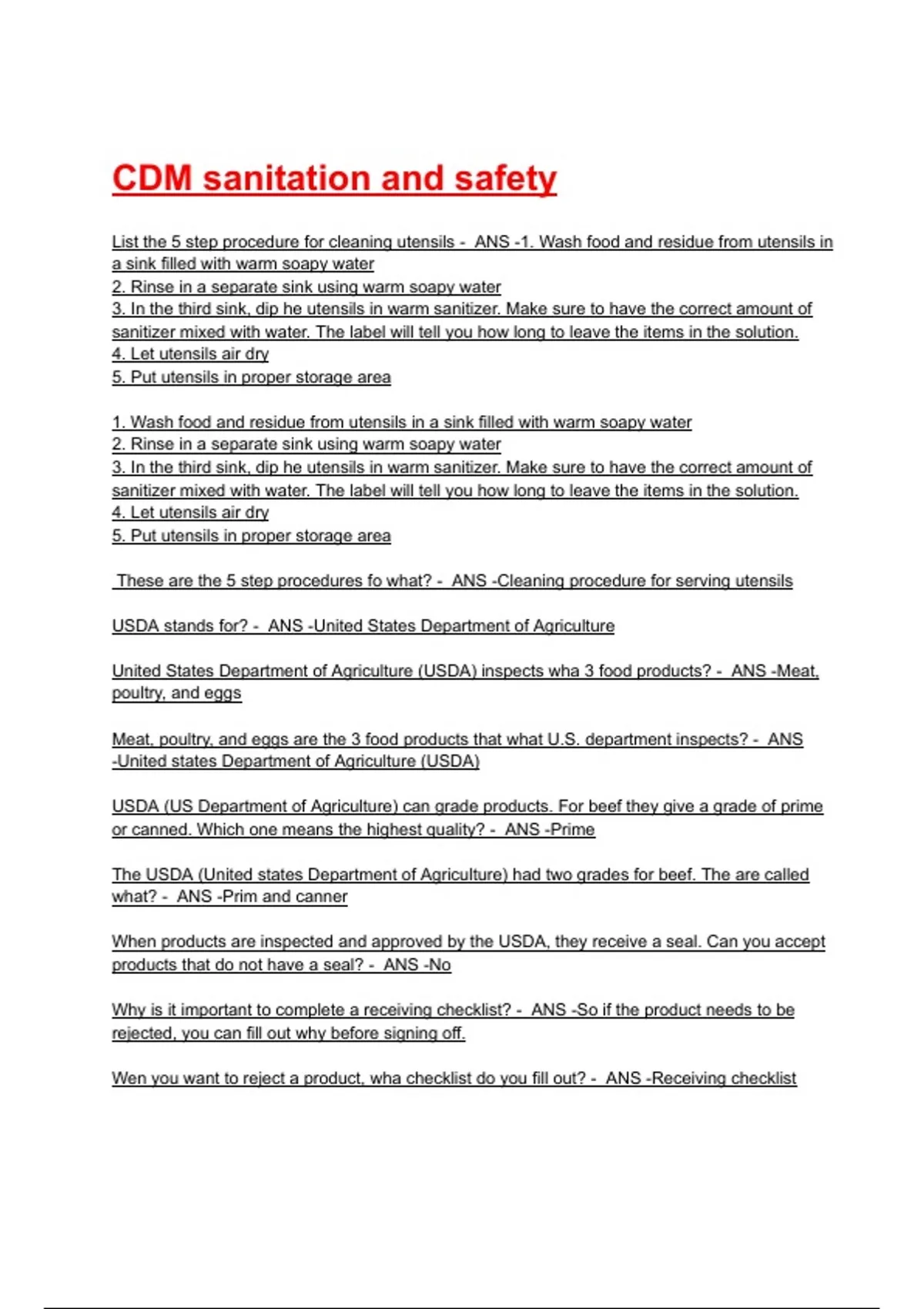 CDM sanitation and safety Exam Questions with correct Answers 2025/2026 ...