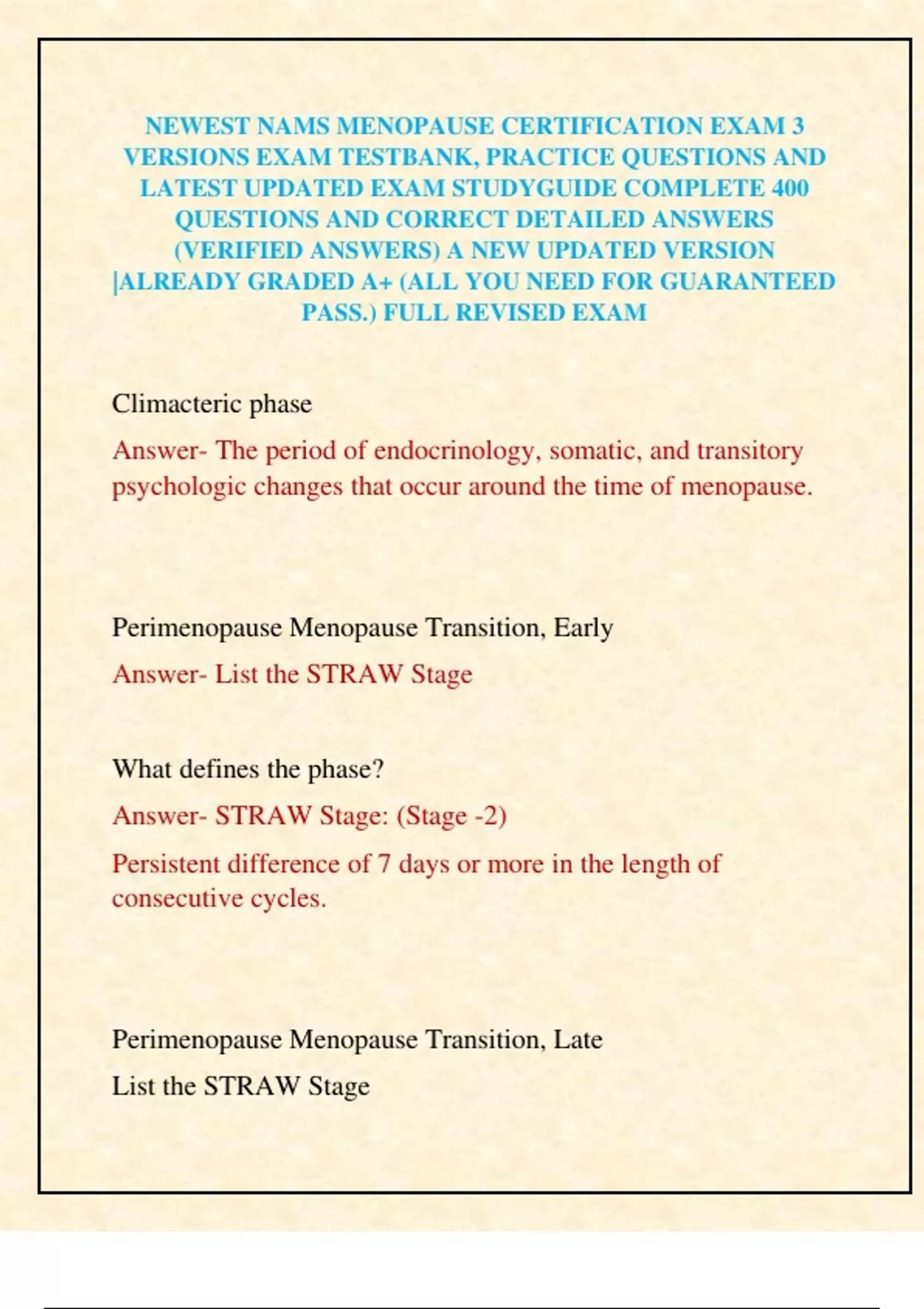 NEWEST NAMS MENOPAUSE CERTIFICATION EXAM 3 VERSIONS EXAM TESTBANK ...