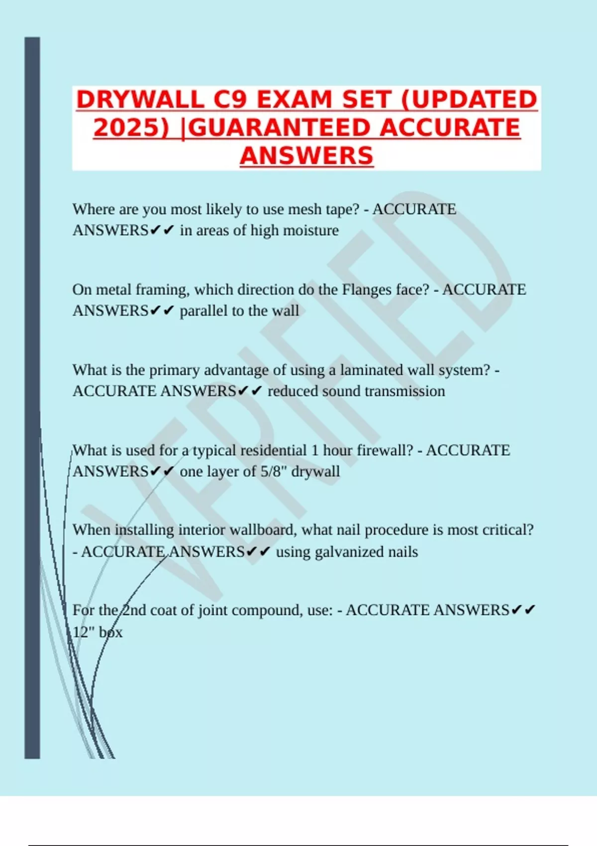 DRYWALL C9 EXAM SET (UPDATED 2025) |GUARANTEED ACCURATE ANSWERS ...