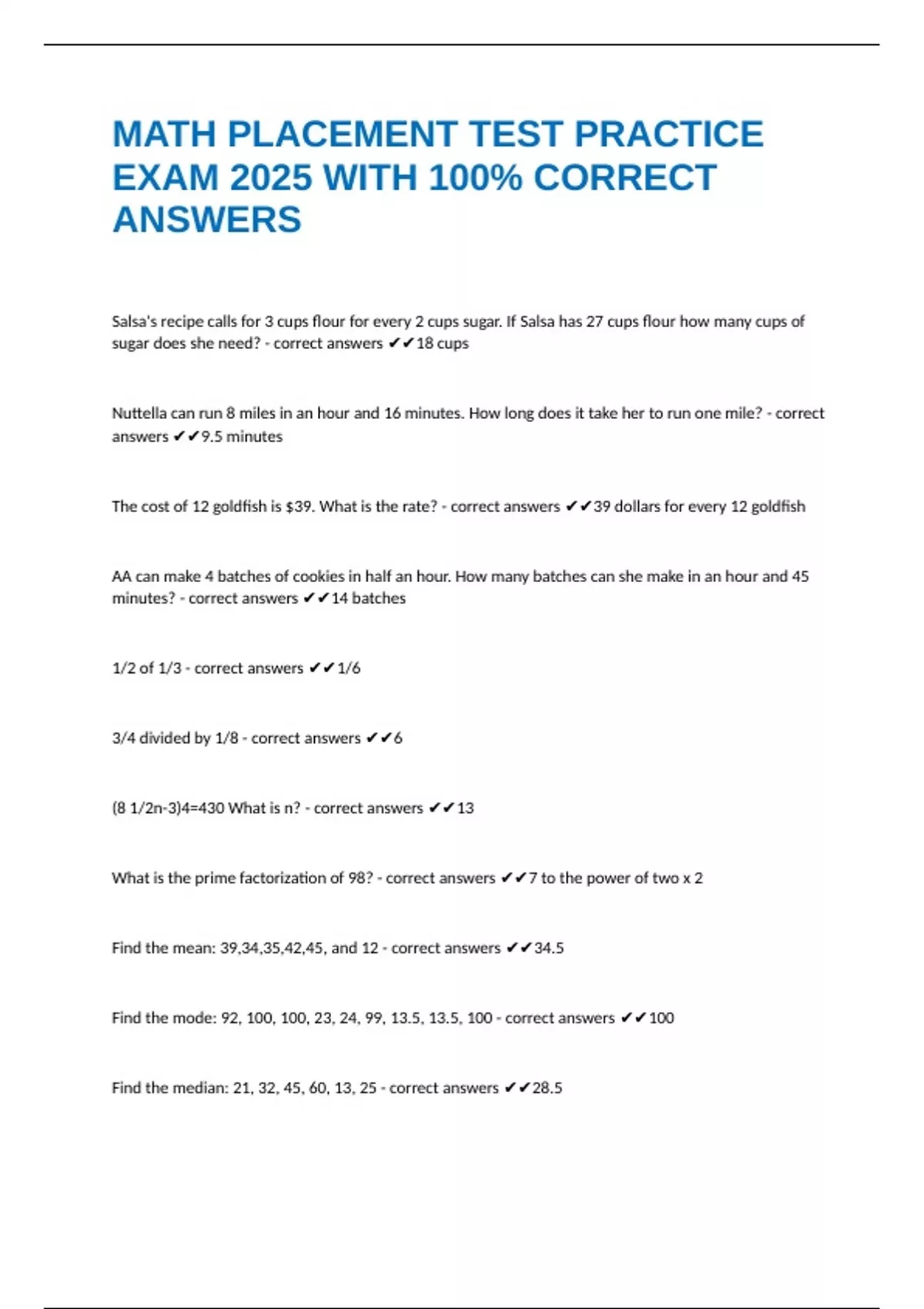 MATH PLACEMENT TEST PRACTICE EXAM 2025 WITH 100% CORRECT ANSWERS - MATH ...