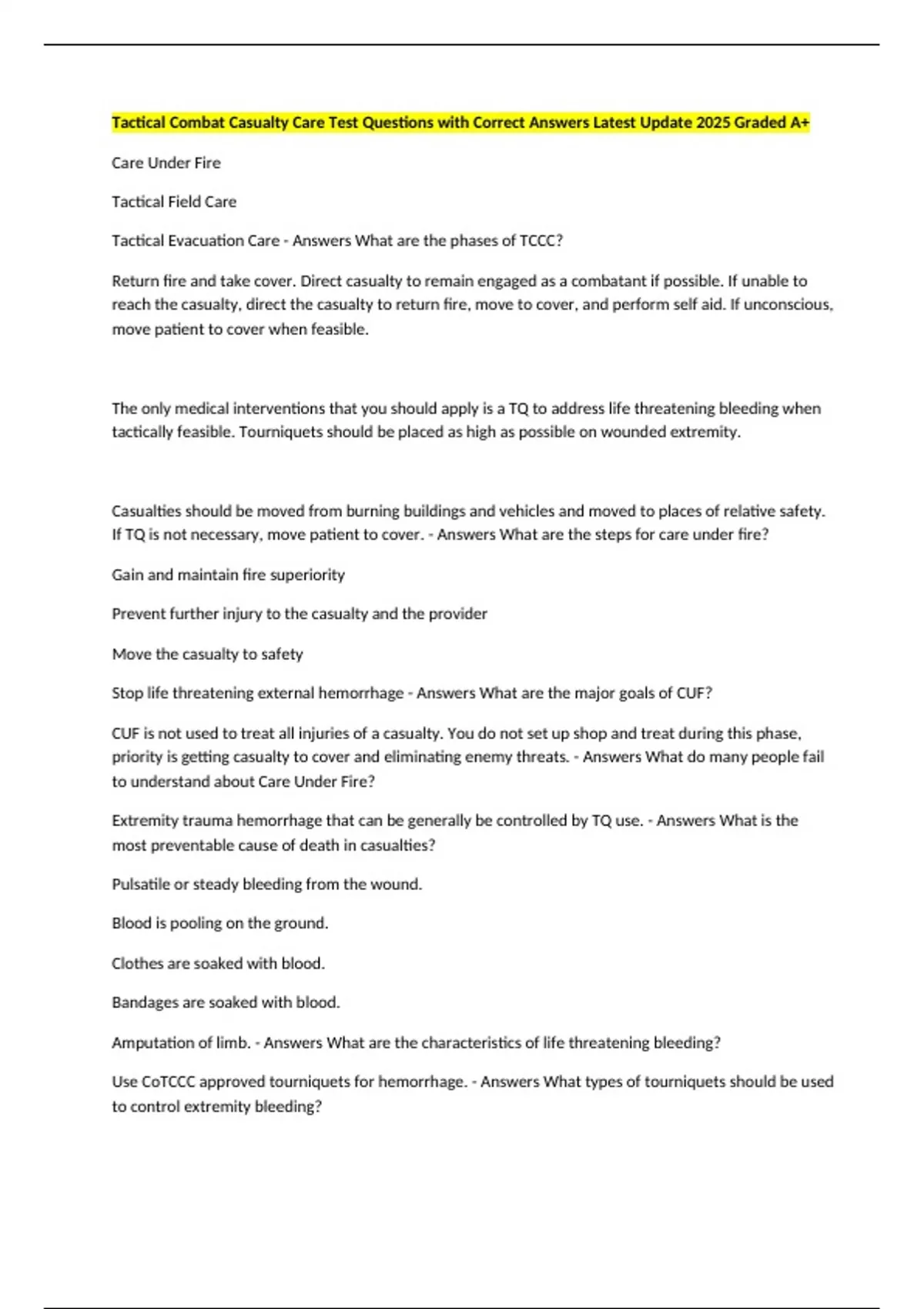 Tactical Combat Casualty Care Test Questions with Correct Answers ...