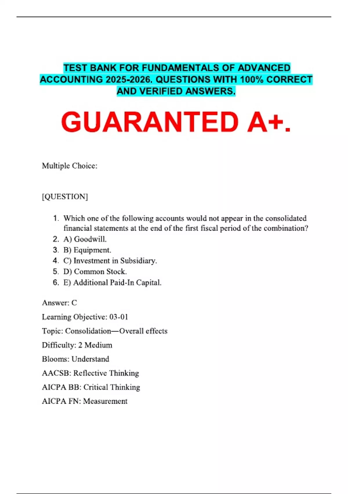 TEST BANK FOR FUNDAMENTALS OF ADVANCED ACCOUNTING . QUESTIONS WITH 100% ...