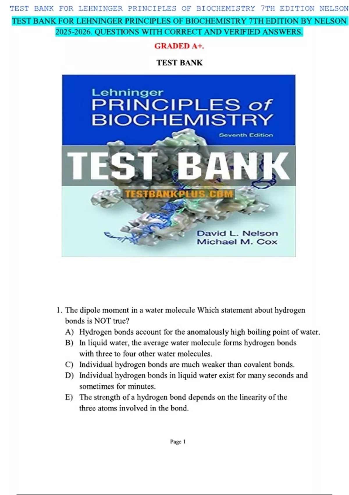 TEST BANK FOR LEHNINGER PRINCIPLES OF BIOCHEMISTRY 7TH EDITION BY Test bank for lehninger principles of biochemistry 7th edition by