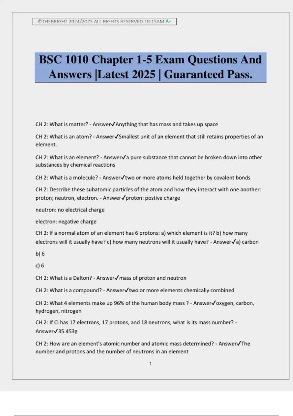 BSC 1010 Chapter 1-5 Exam Questions And Answers |Latest 2025 ...