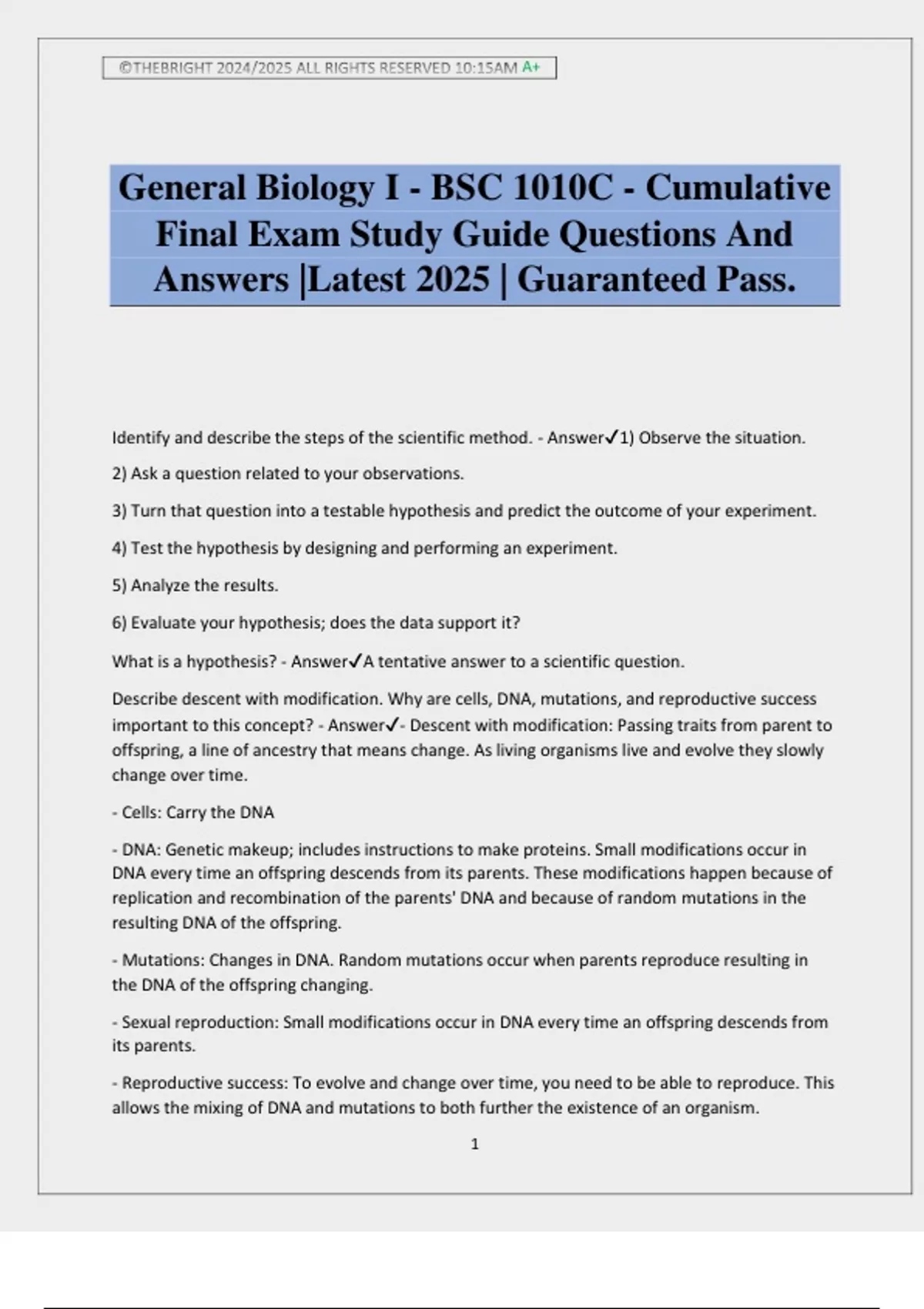 General Biology I - BSC 1010C - Cumulative Final Exam Study Guide ...