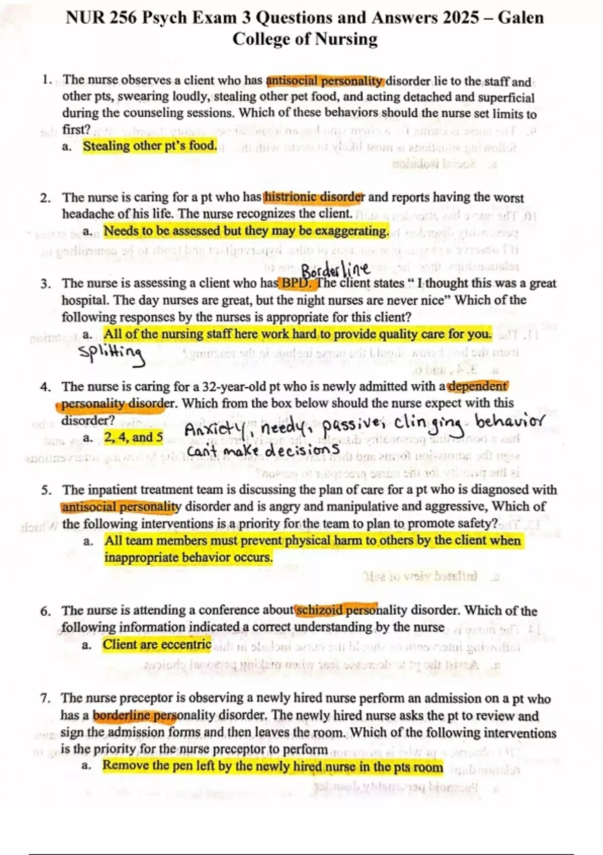 NUR 256 Psych Exam 3 Questions and Answers 2025 - NUR 256 Psych - Stuvia US