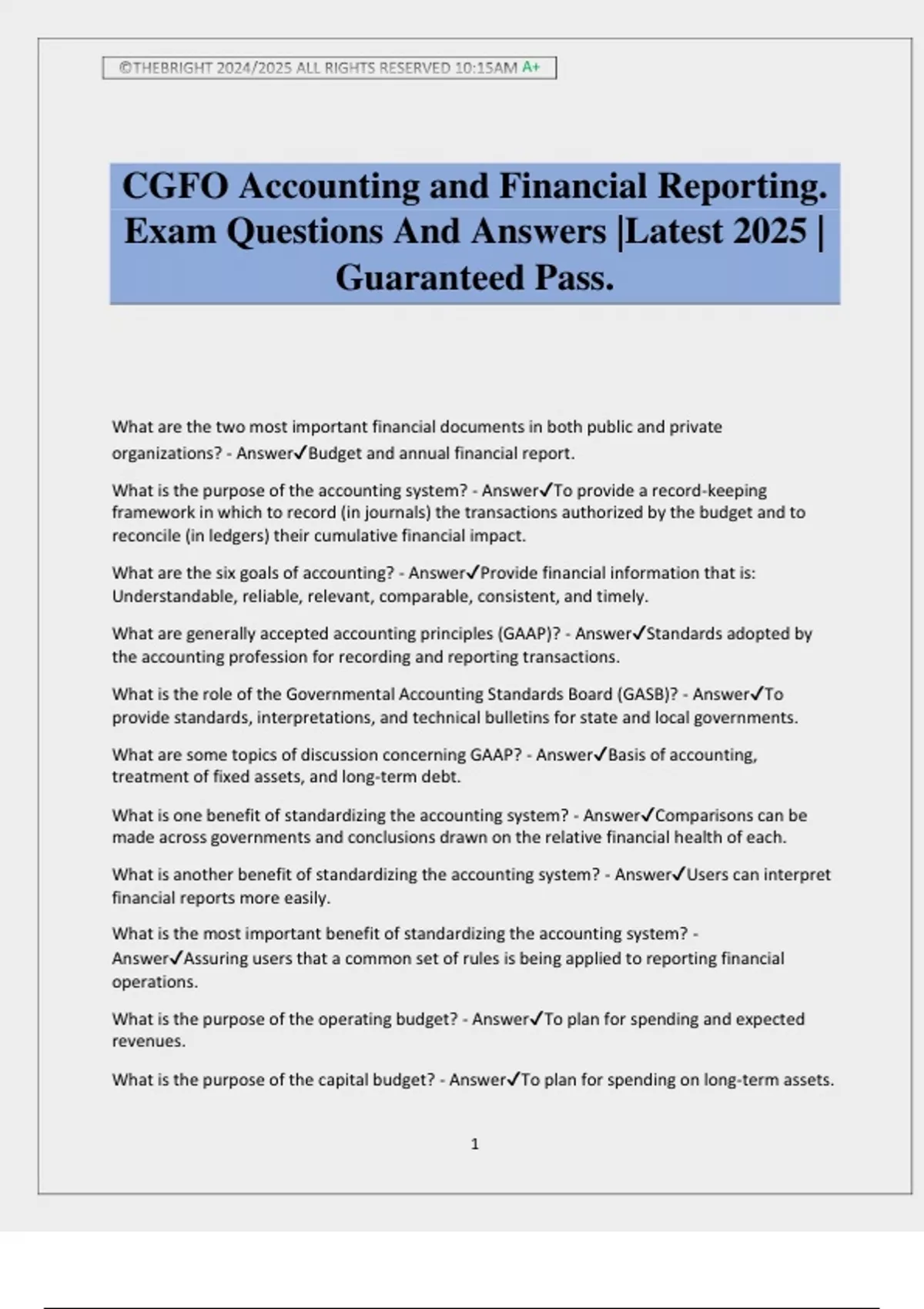 CGFO Accounting and Financial Reporting. Exam Questions And Answers ...