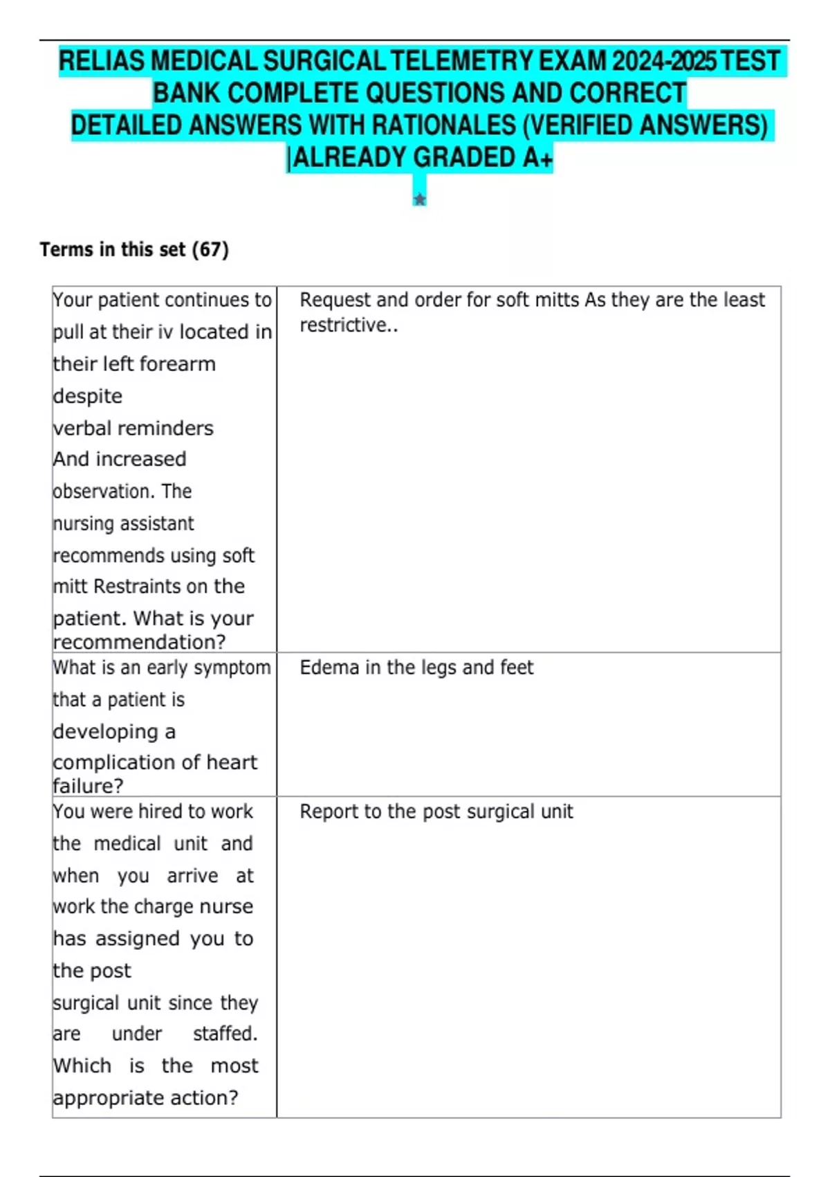 RELIAS MEDICAL SURGICAL TELEMETRY EXAM TEST BANK COMPLETE QUESTIONS AND ...