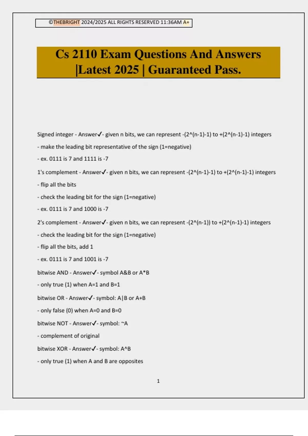 Cs 2110 Exam Questions And Answers |Latest 2025 | Guaranteed Pass. - Cs ...