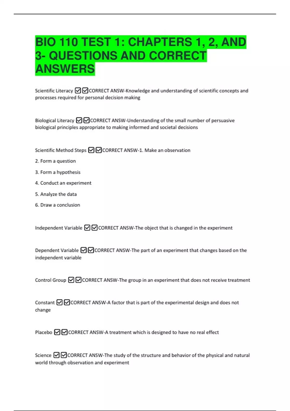 BIO 110 BUNDLE EXAM QUESTIONS WITH COMPLETE SOLUTIONS - Stuvia US