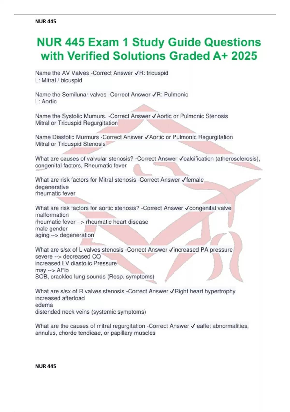 NUR 445 Exam 1 Study Guide Questions with Verified Solutions Graded A+ ...