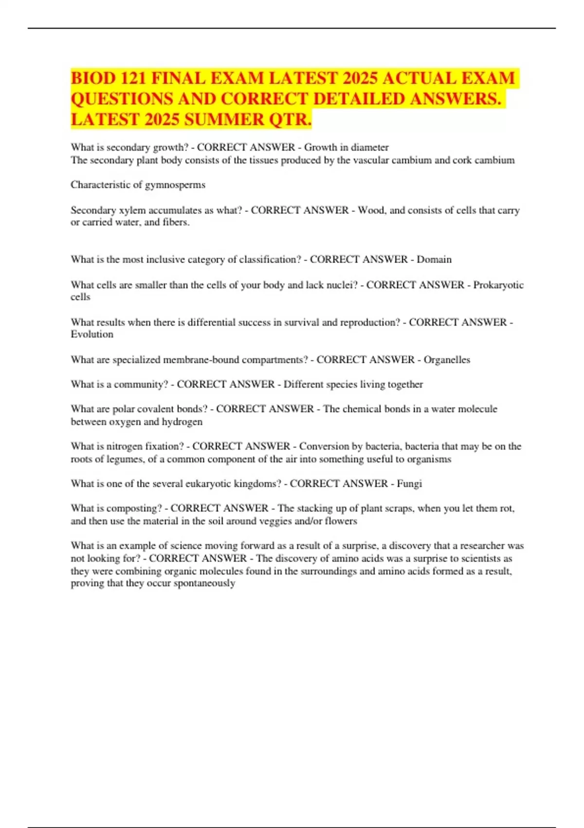BIOD 121 FINAL EXAM LATEST 2025 ACTUAL EXAM QUESTIONS AND CORRECT ...