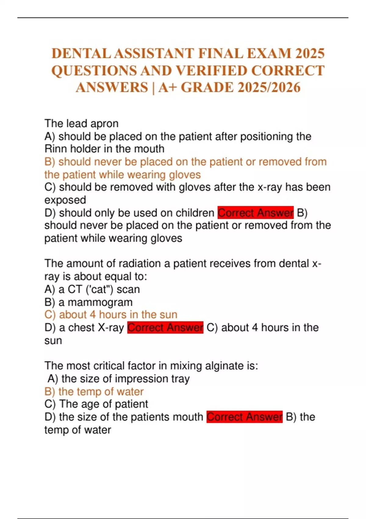 DENTAL ASSISTANT FINAL EXAM 2025 QUESTIONS AND VERIFIED CORRECT ANSWERS ...