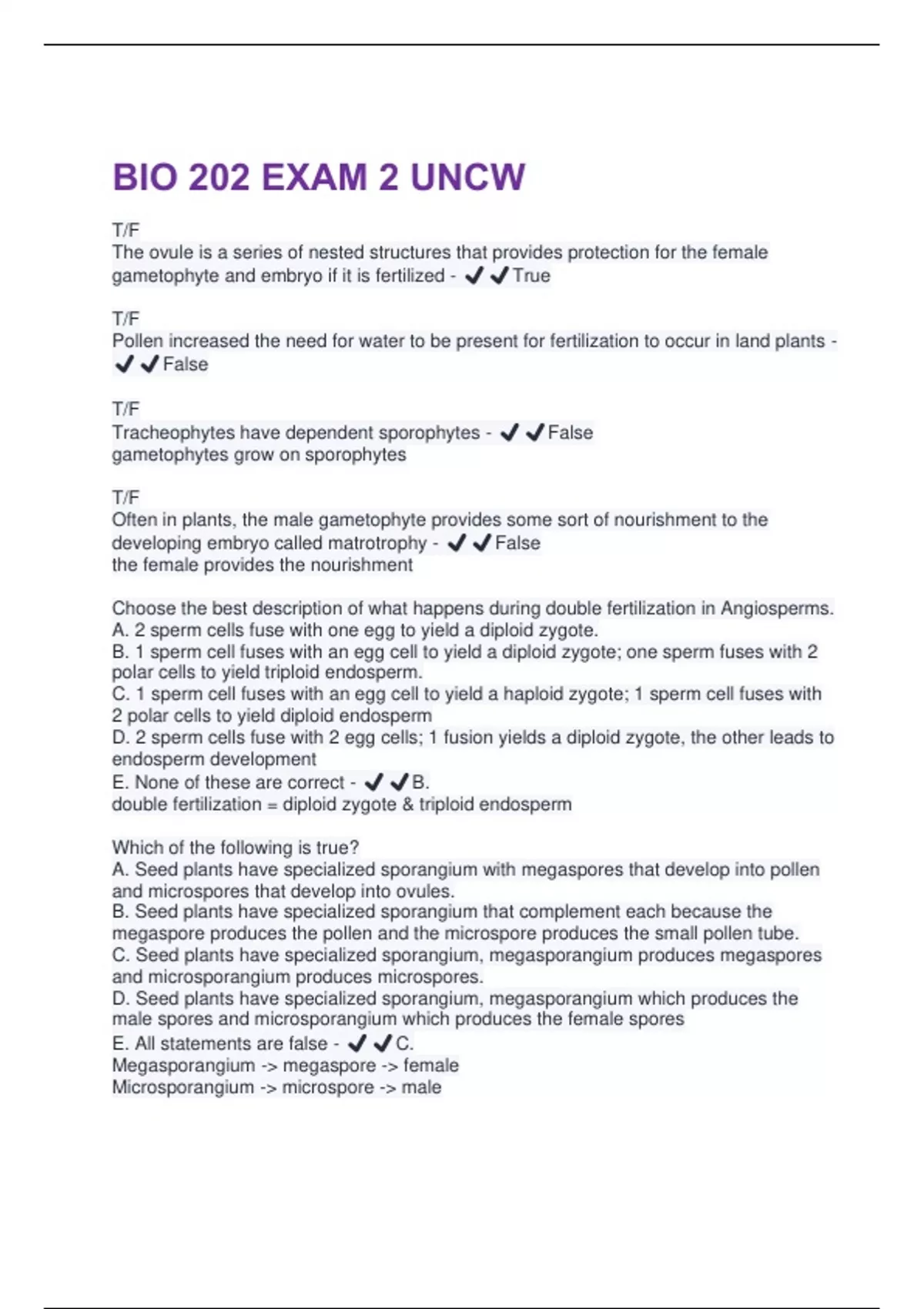 BIO 202 EXAM 2 UNCW 2025 QUESTIONS WITH 100% CORRECT ANSWERS!! - BIO ...