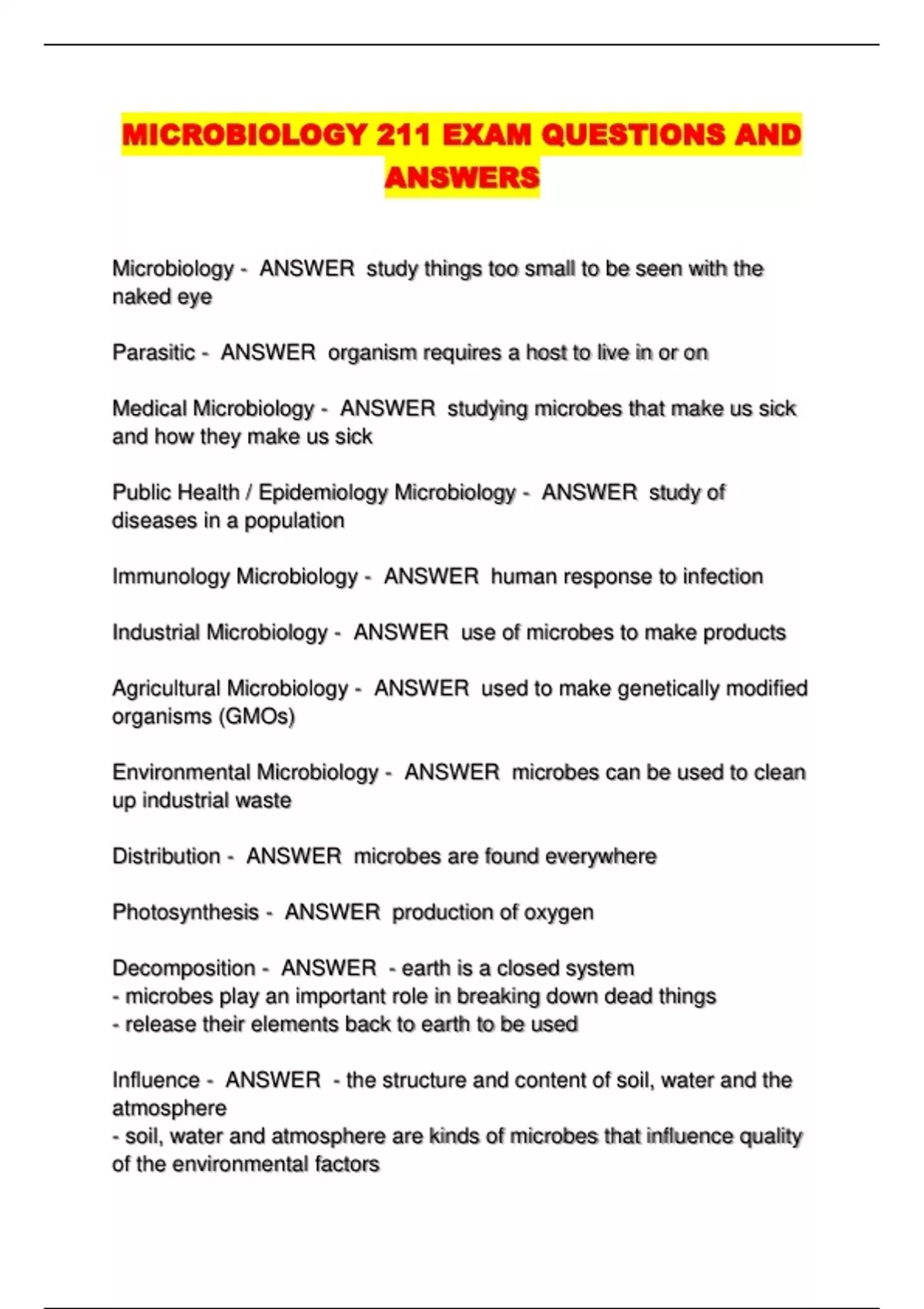 ALL MICROBIOLOGY 211 PACKAGED EXAMS: QUESTIONS WITH ALL ANSWERS CORRECT ...