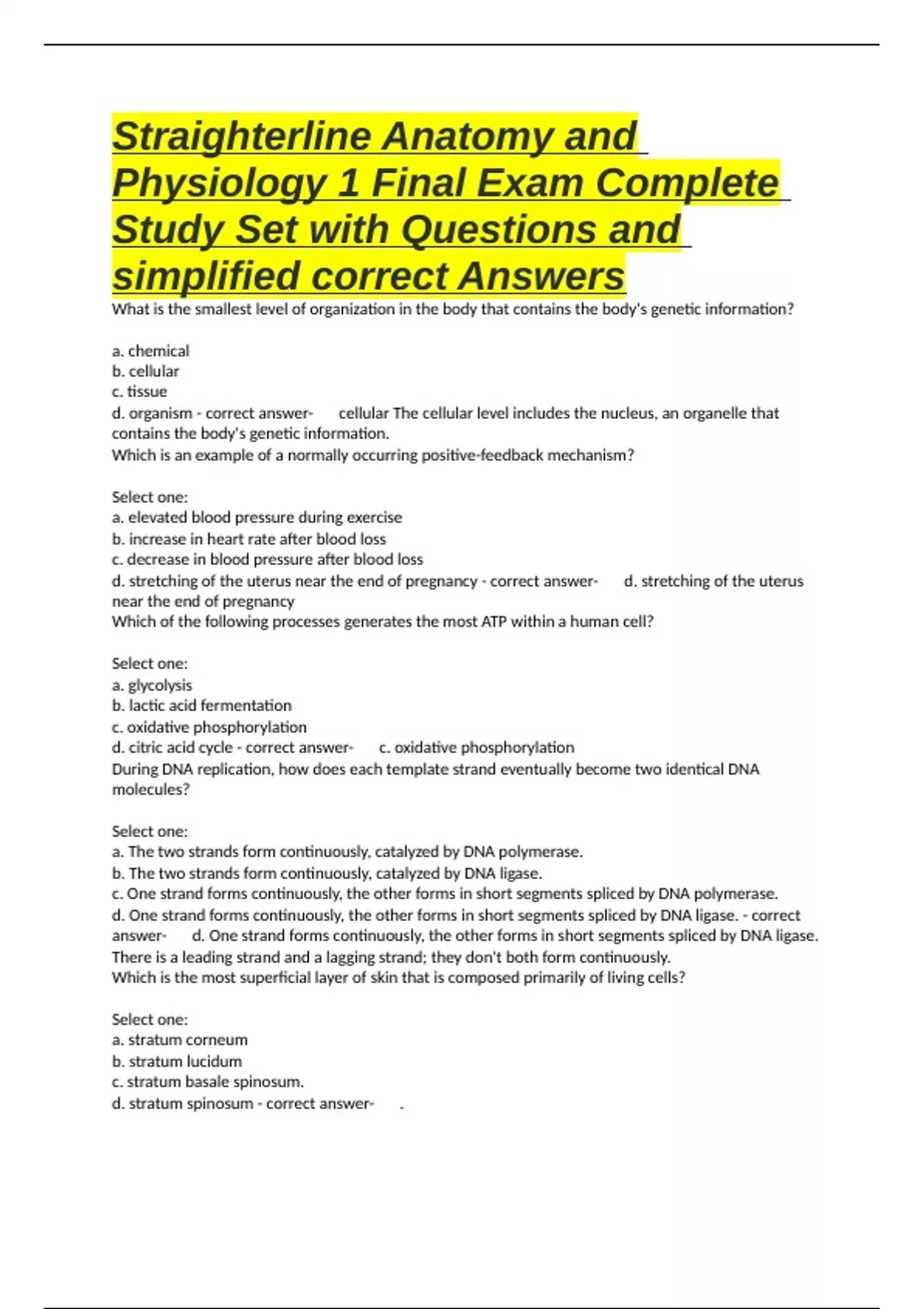 Straighterline Anatomy and Physiology 1 Final Exam Complete Study Set ...