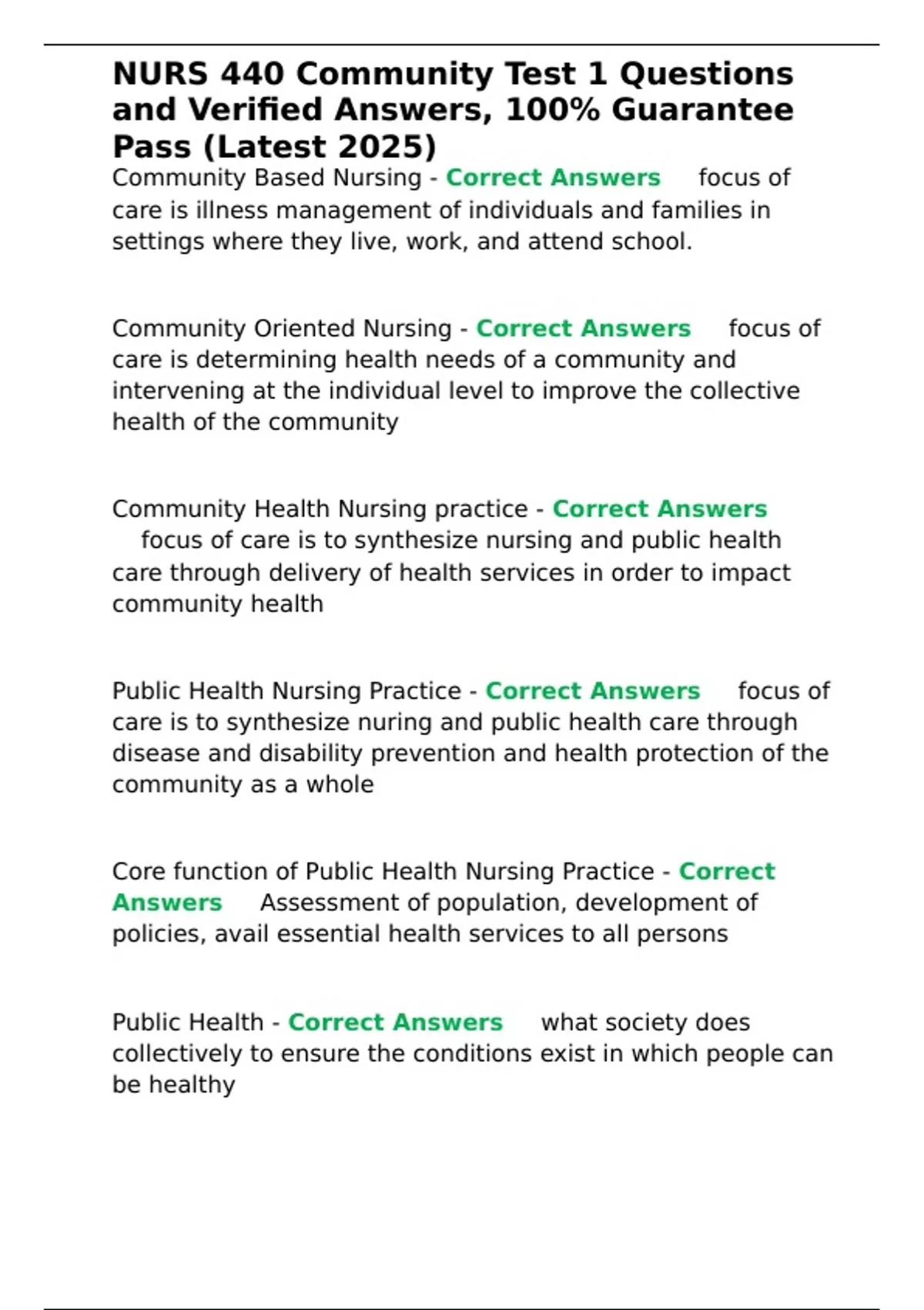 NURS 440 Community Test 1 Questions and Verified Answers, 100 ...
