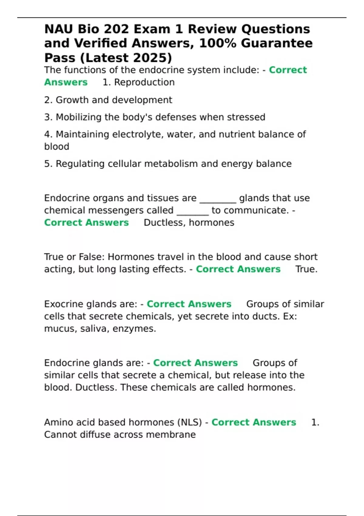 NAU Bio 202 Exam 1 Review Questions and Verified Answers, 100 ...