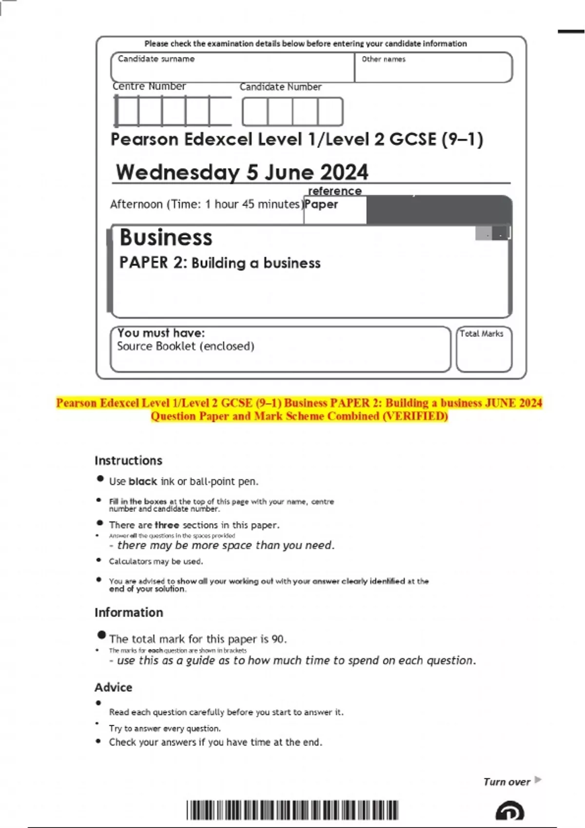 2024 Pearson Edexcel Level 1/Level 2 GCSE (9–1) Business PAPER 2 ...
