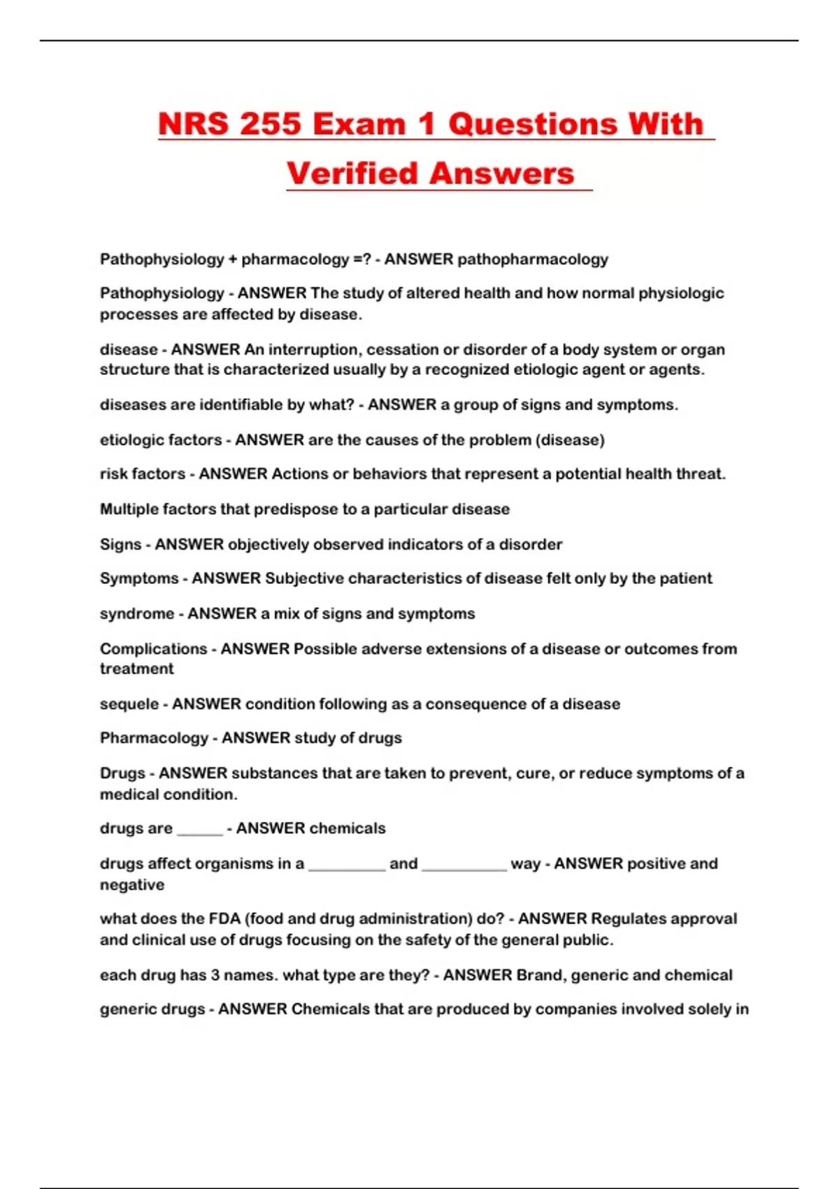 NRS 255 Exam 1 Questions With Verified Answers - NRS 255 - Stuvia US